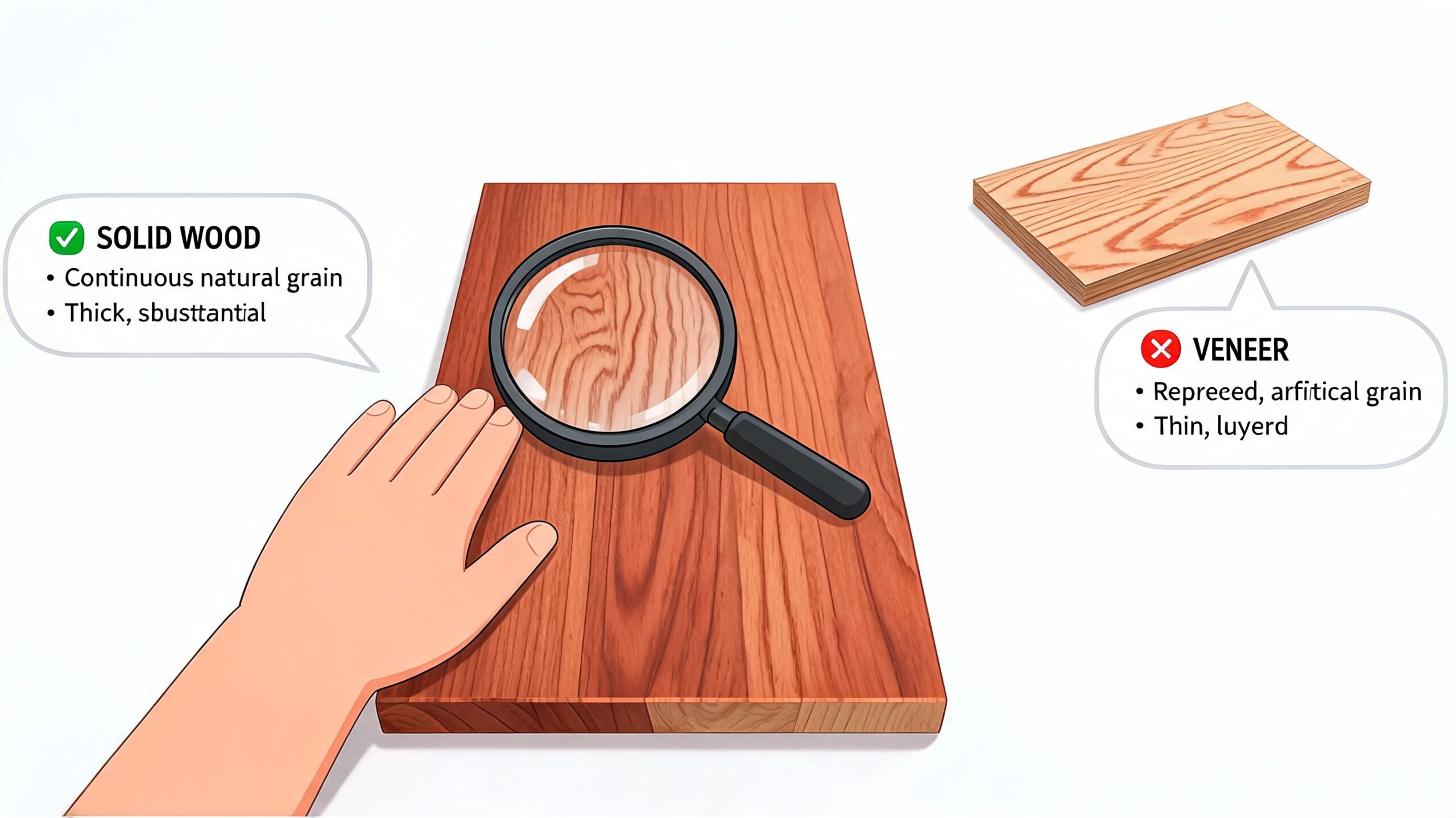 A diagram comparing solid wood with continuous grain against thin veneered wood with artificial patterns.
