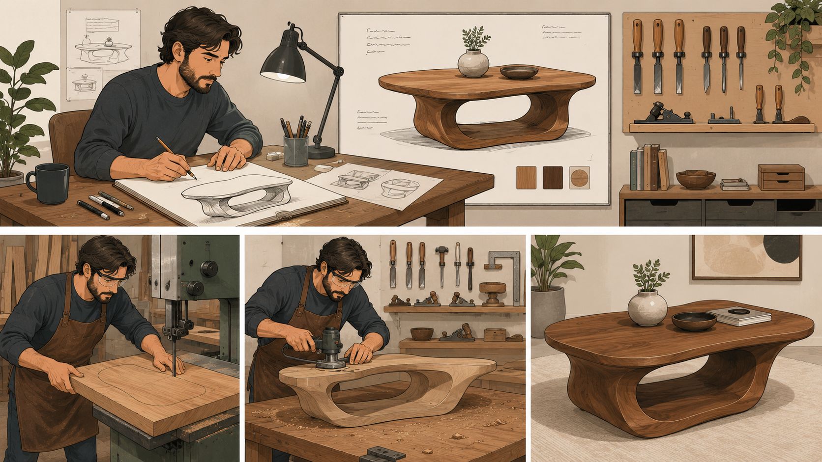 A craftsman designing and building a unique modern wooden coffee table with a cutout base in his workshop.