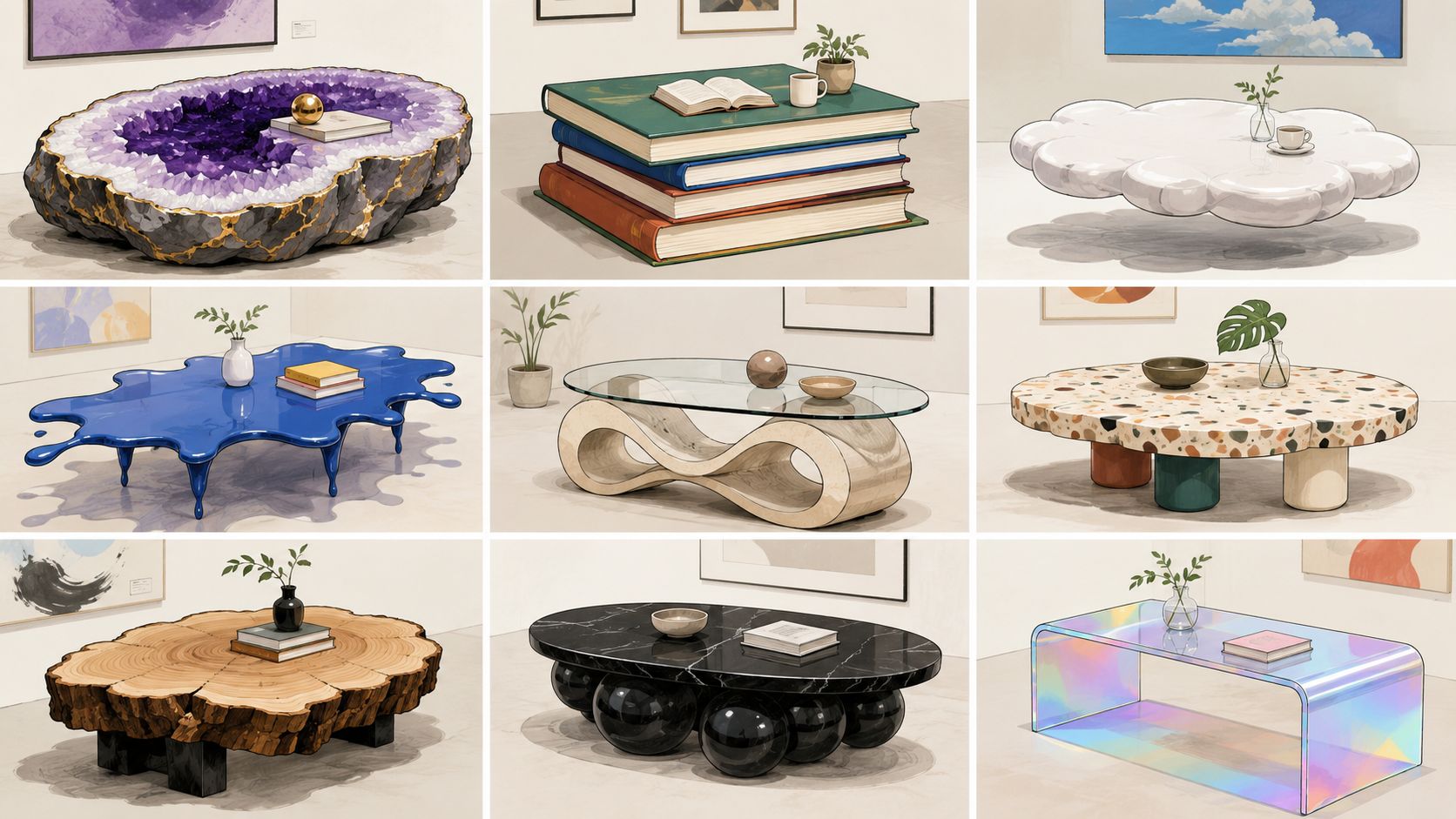 A collage showing nine unique and creative coffee table designs in a gallery setting.