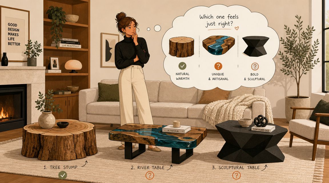 A woman considers three different coffee table styles: a tree stump, a river table, and a sculptural table.
