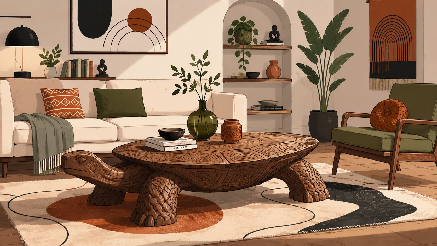 A unique wooden coffee table shaped like a turtle sits in a modern bohemian style living room.