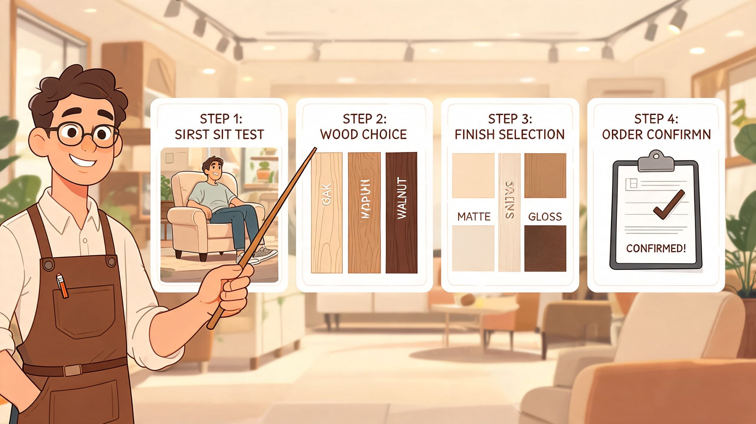 A friendly furniture maker explains a four-step custom order process for selecting materials and finishes.