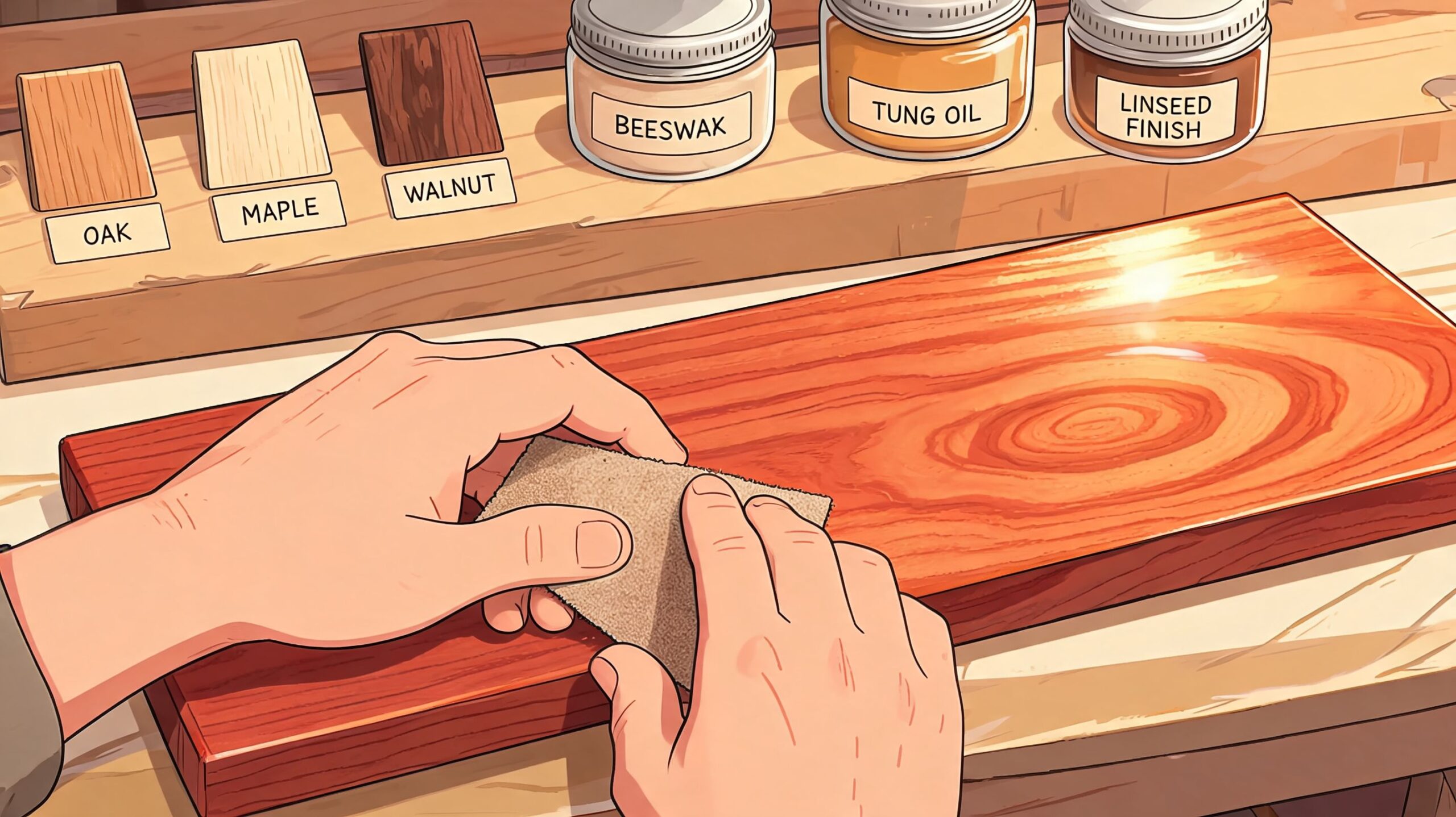 A craftsman hand sands a piece of polished reddish-brown lumber in a workshop with wood finish supplies.