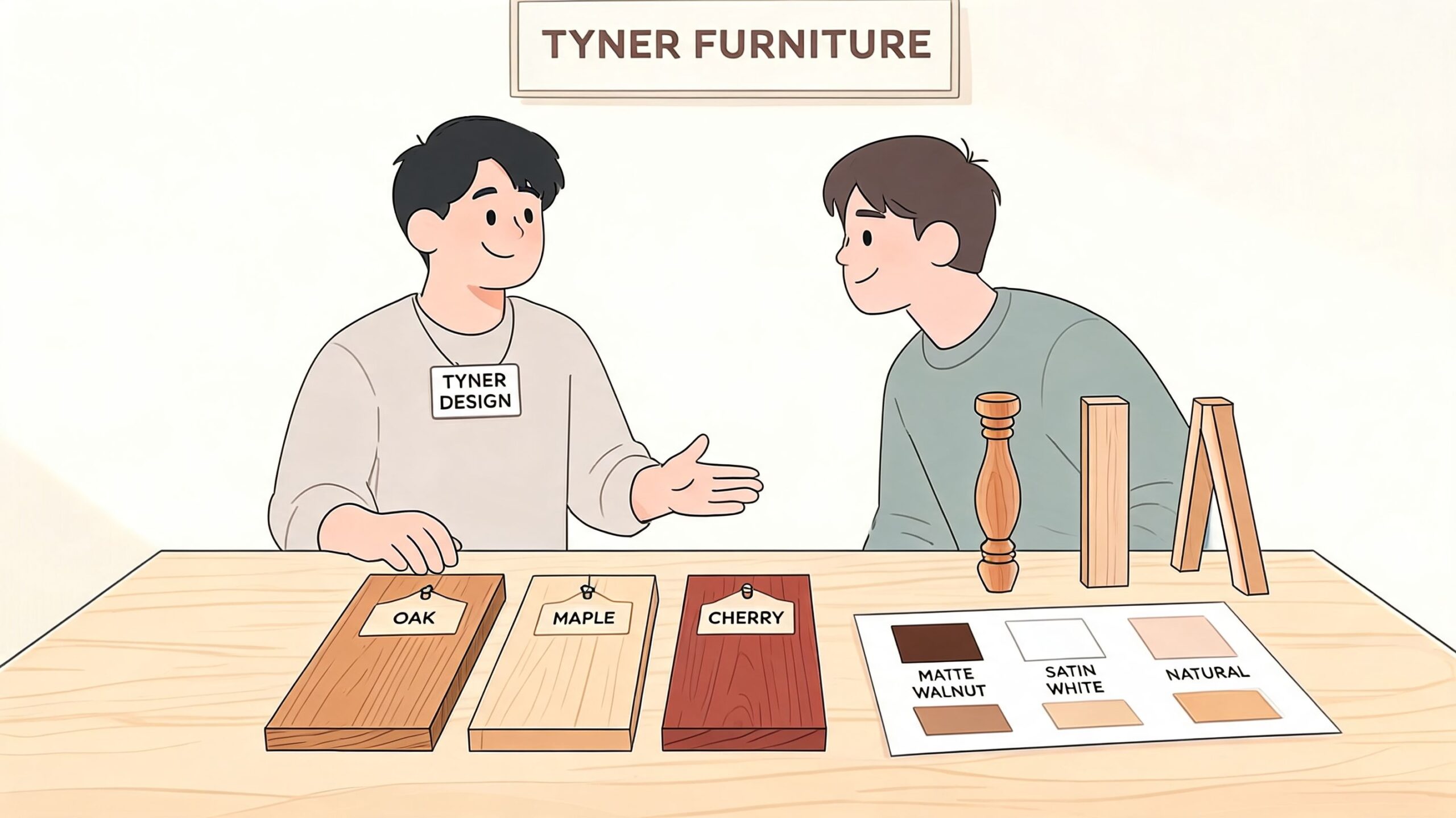 A professional furniture designer consulting with a client about various wood samples at Tyner Furniture.