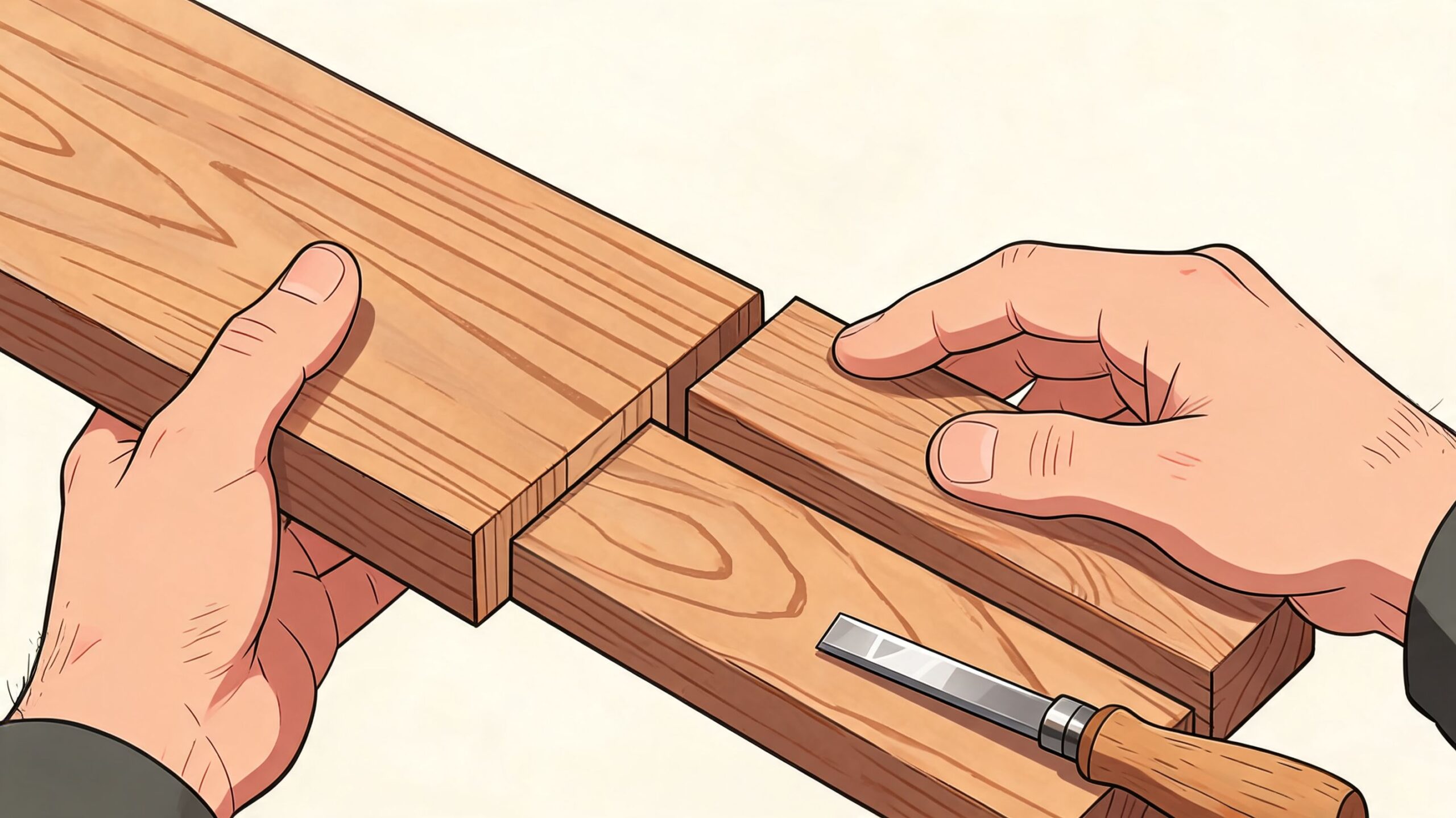 A close-up view of a craftsman using a wood chisel to shape a custom wood joint.