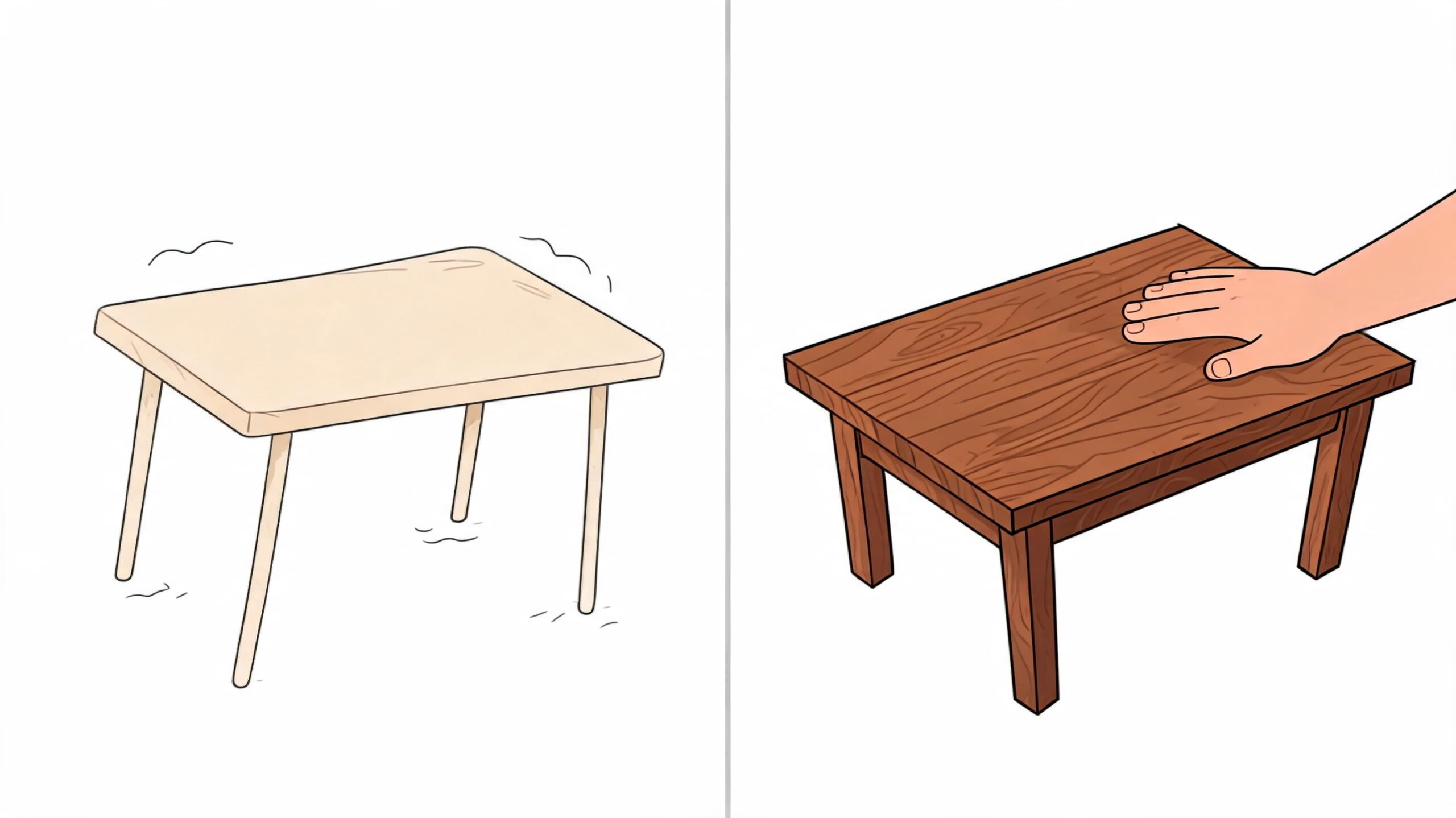 A split image showing a wobbly light-colored wooden table versus a stable, sturdy dark wood table.