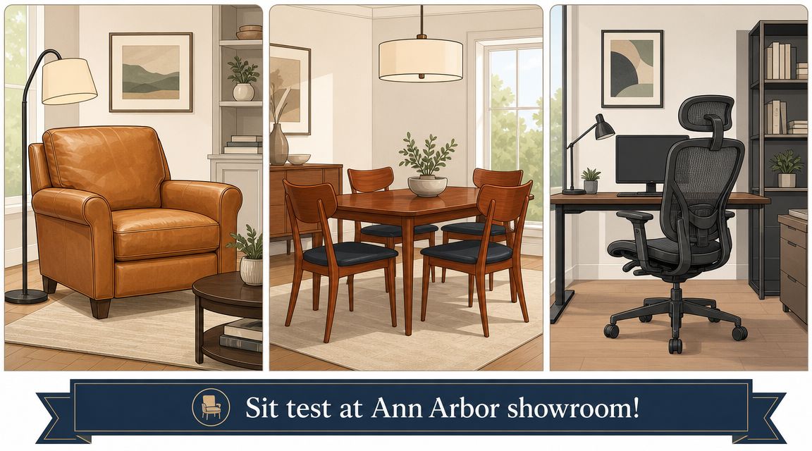 A triptych showcasing a leather armchair, a wooden dining set, and an ergonomic office chair in showroom settings.