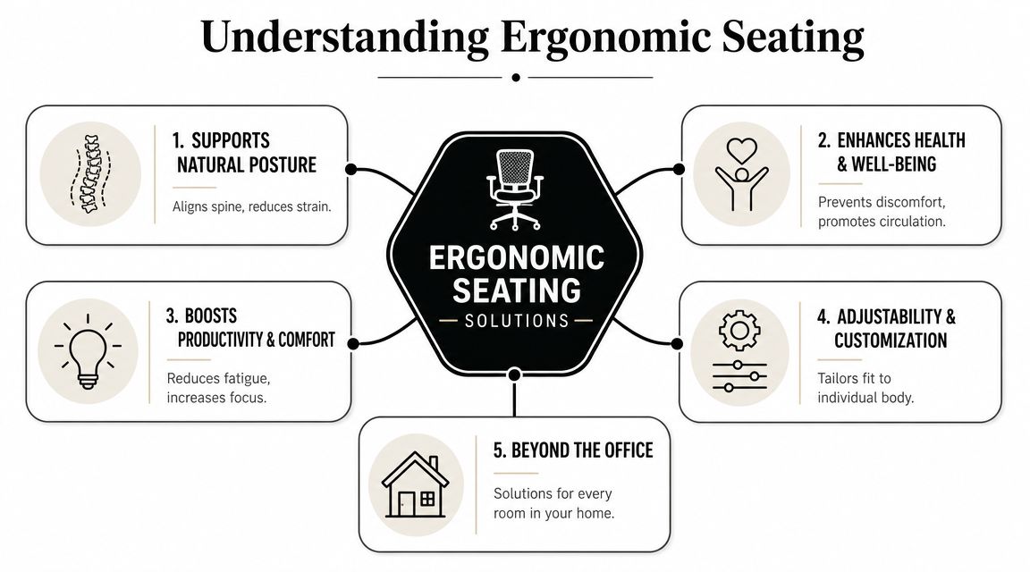 A diagram illustrating five key benefits and features of ergonomic seating solutions for health and productivity.
