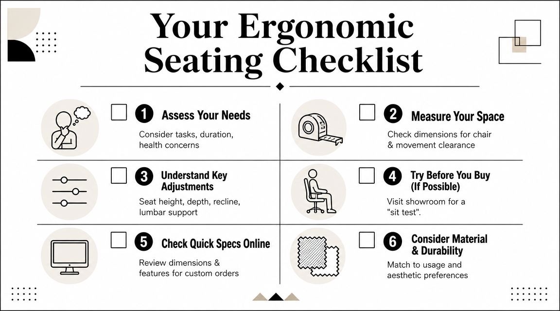 An infographic checklist for selecting ergonomic seating with six numbered steps for workspace comfort.