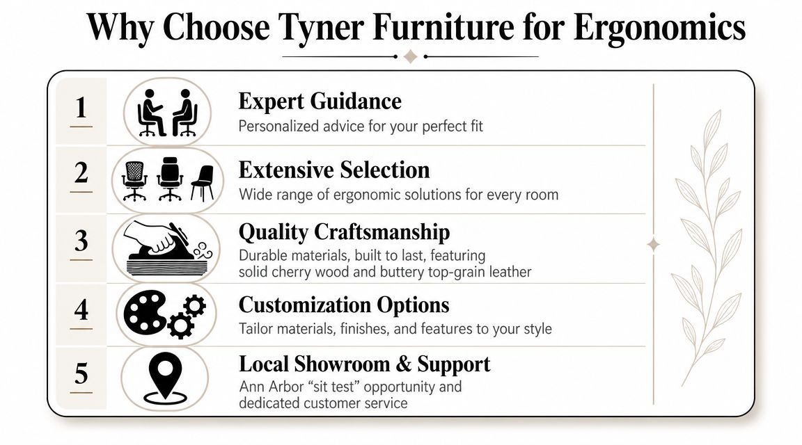A graphic listing five reasons to choose Tyner Furniture for ergonomic needs, including expert guidance and customization.