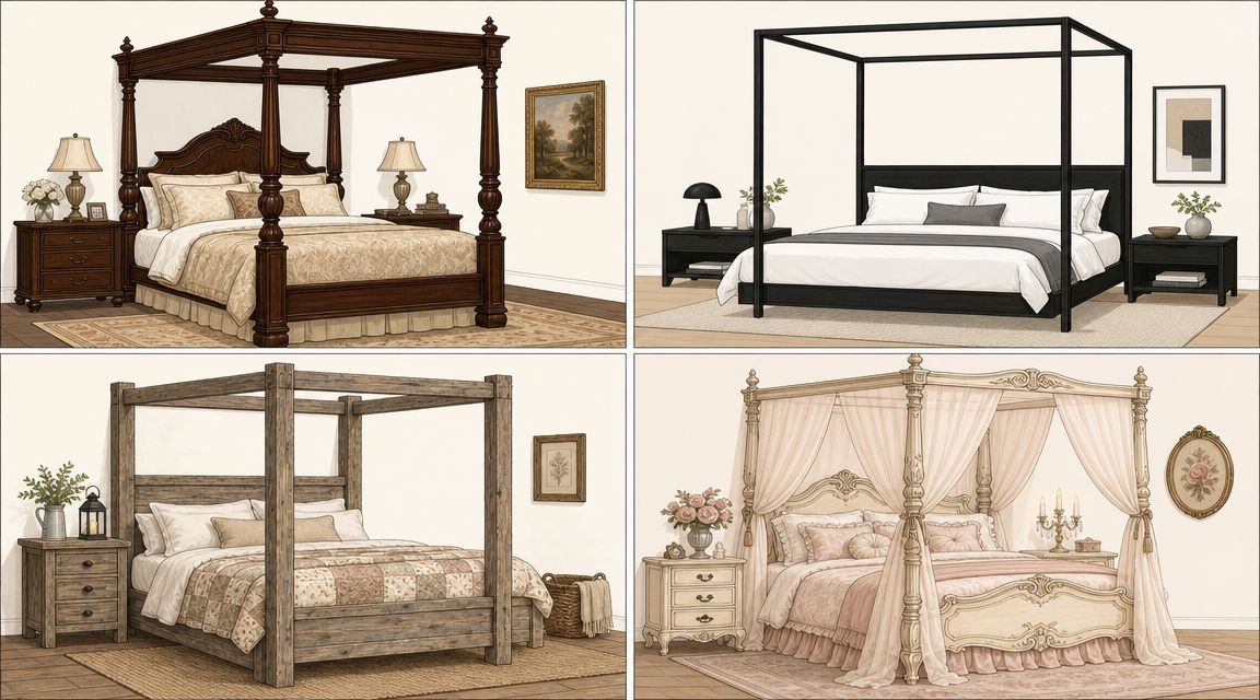 A grid displaying four distinct styles of four-poster beds ranging from traditional wood to modern minimalist designs.