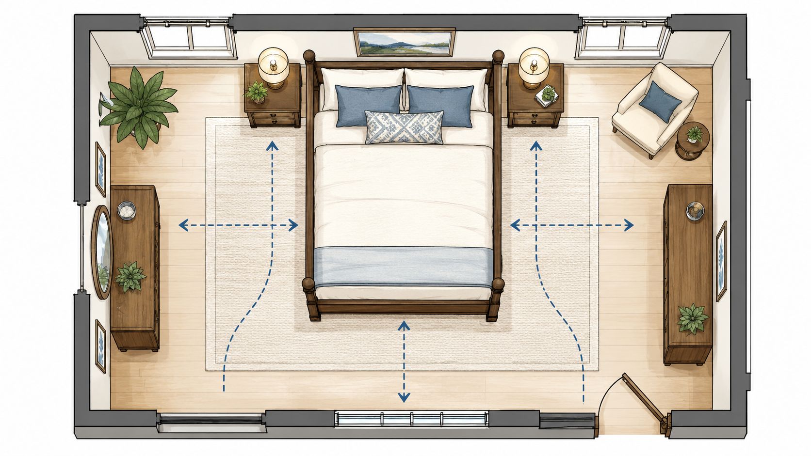 An overhead floor plan view of a master bedroom featuring a central wooden four-poster bed.