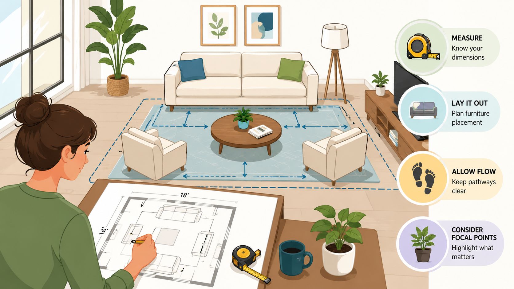 A woman sketching a living room floor plan design with furniture placement and measurements.