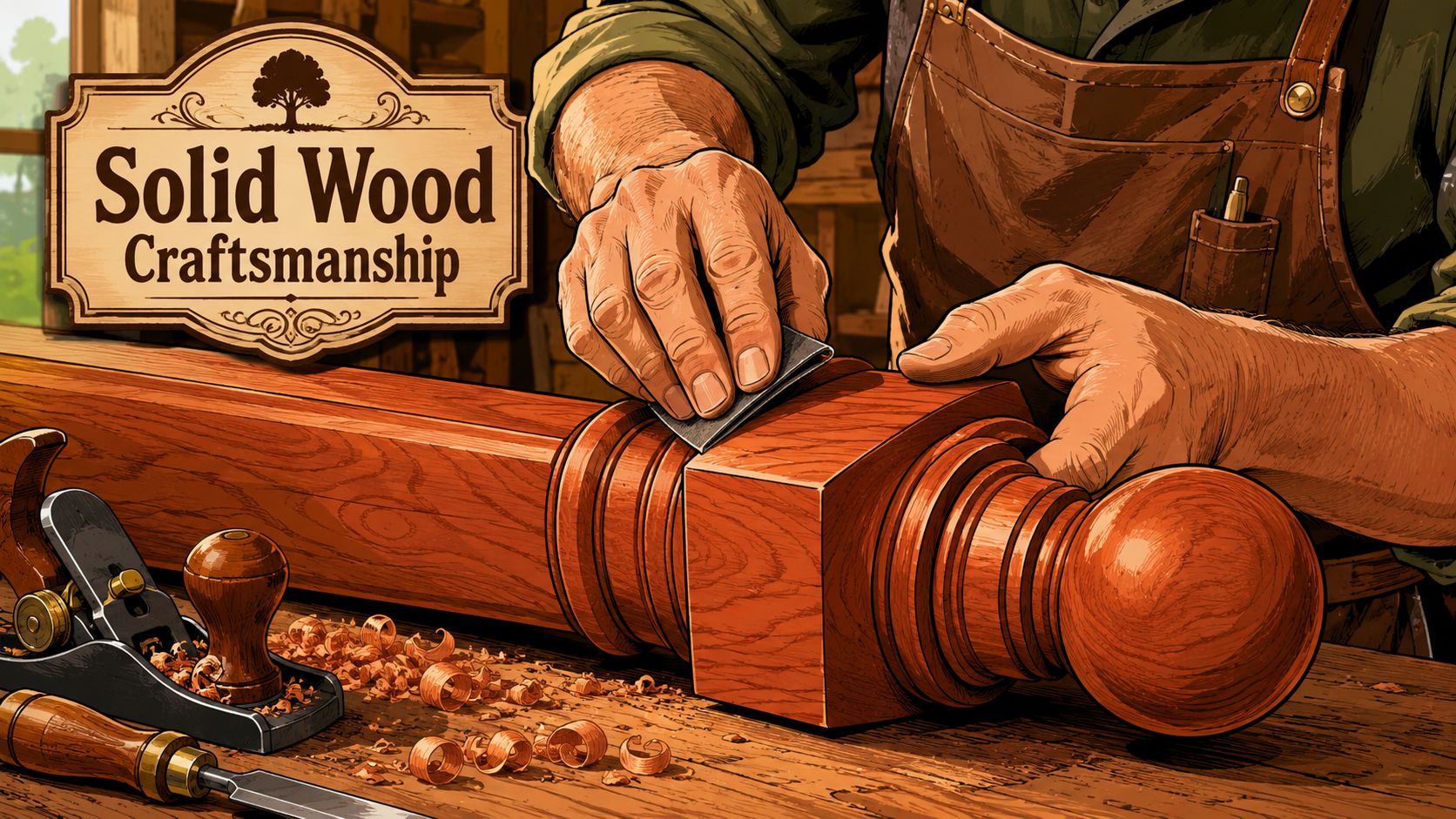 A close-up view of a craftsman hand-sanding a detailed wooden bed post in a workshop.