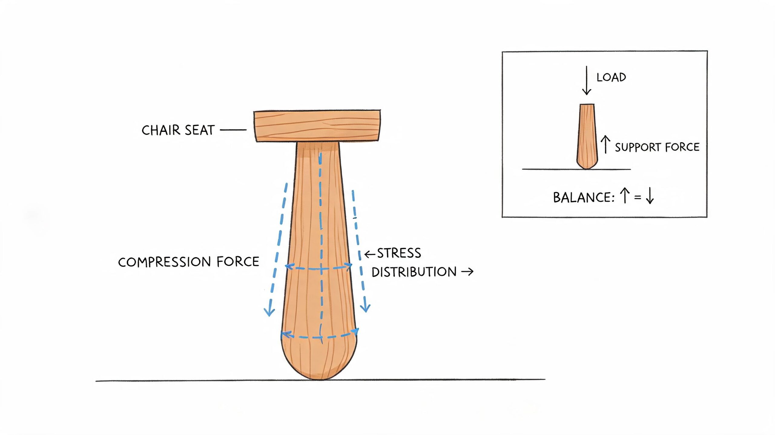 A diagram illustrating the physics of a furniture leg experiencing compression force and downward load.