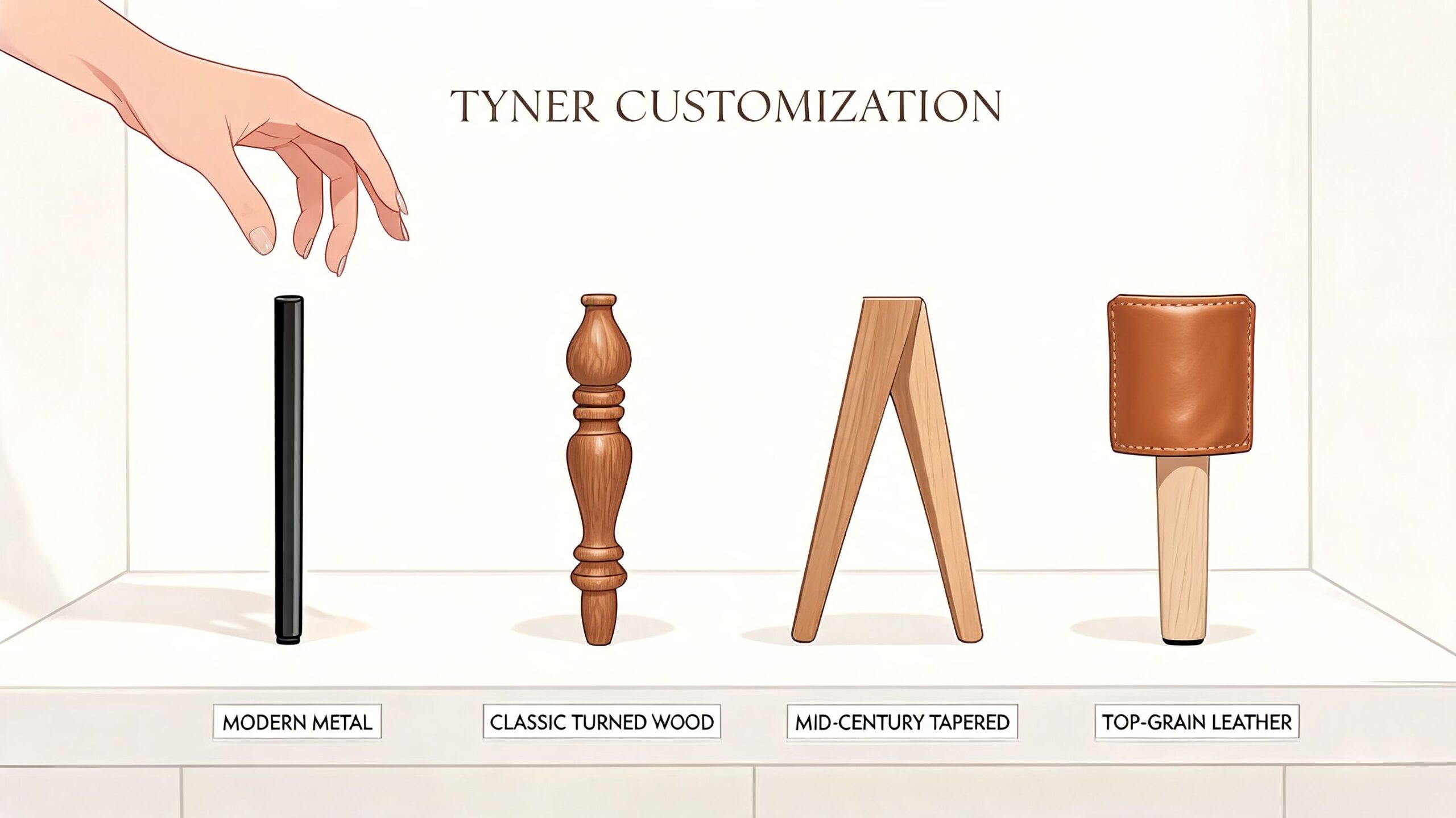 A hand selecting from four different styles of furniture legs displayed on a shelf for custom personalization.