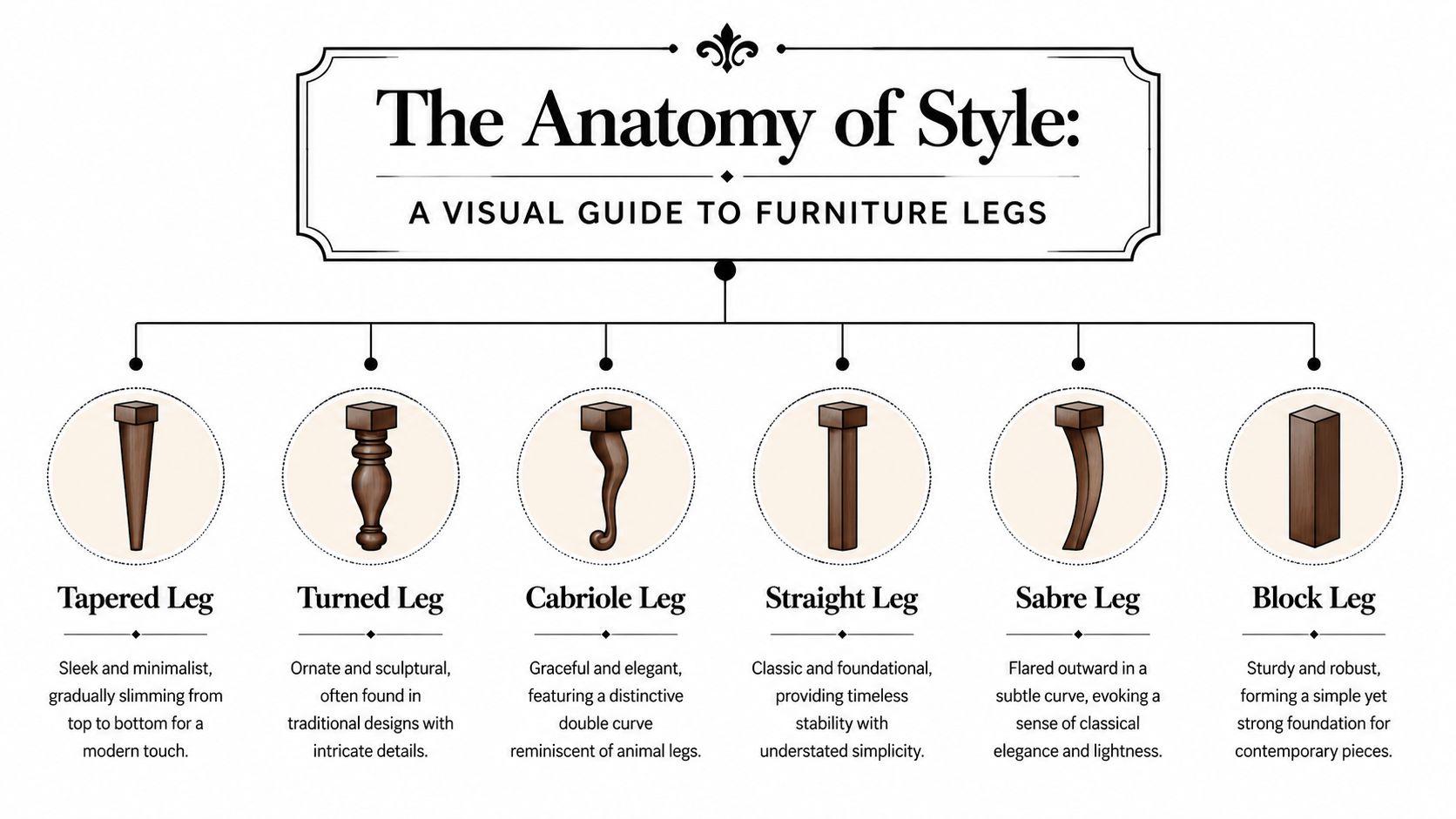 A visual infographic guide illustrating six different types of furniture legs with their descriptive characteristics.