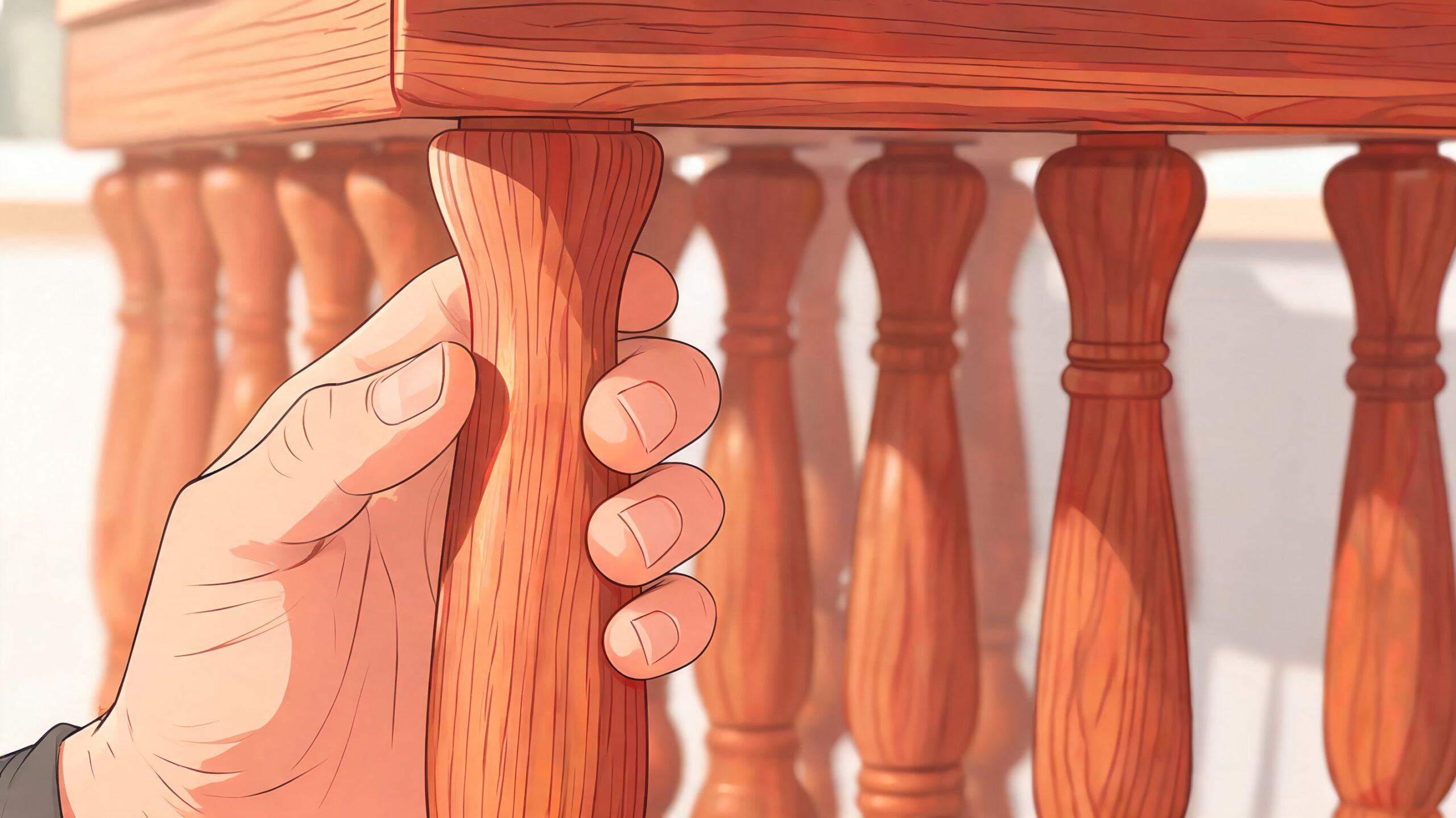 A close-up view of a hand grasping a wooden furniture leg on a decorative railing.