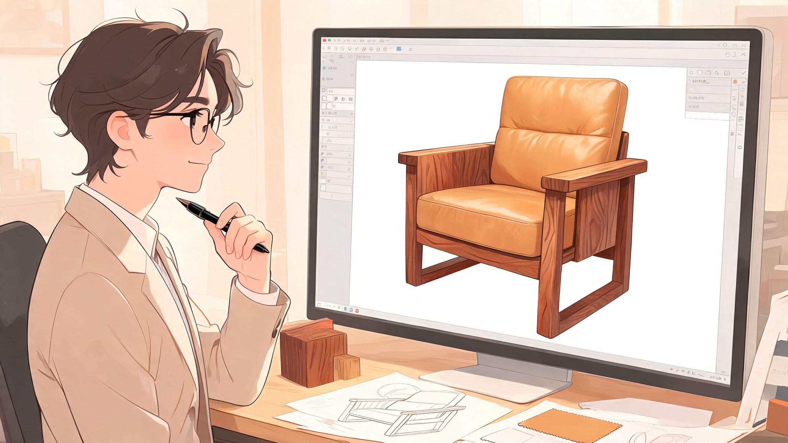 A professional furniture designer working on a wooden leather chair rendering on a computer monitor.