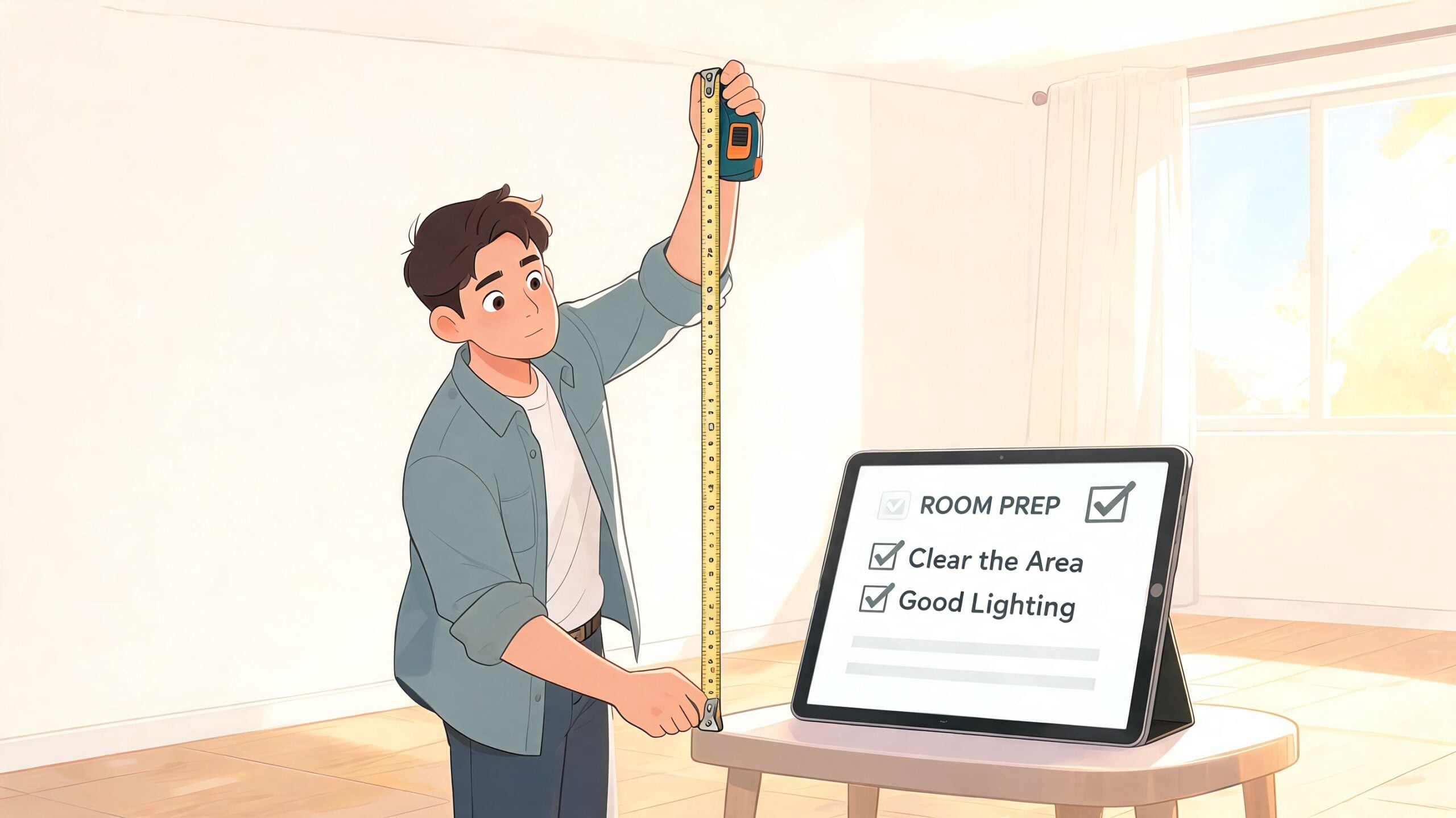 A man measuring a room with a tape measure next to a tablet displaying room prep steps.