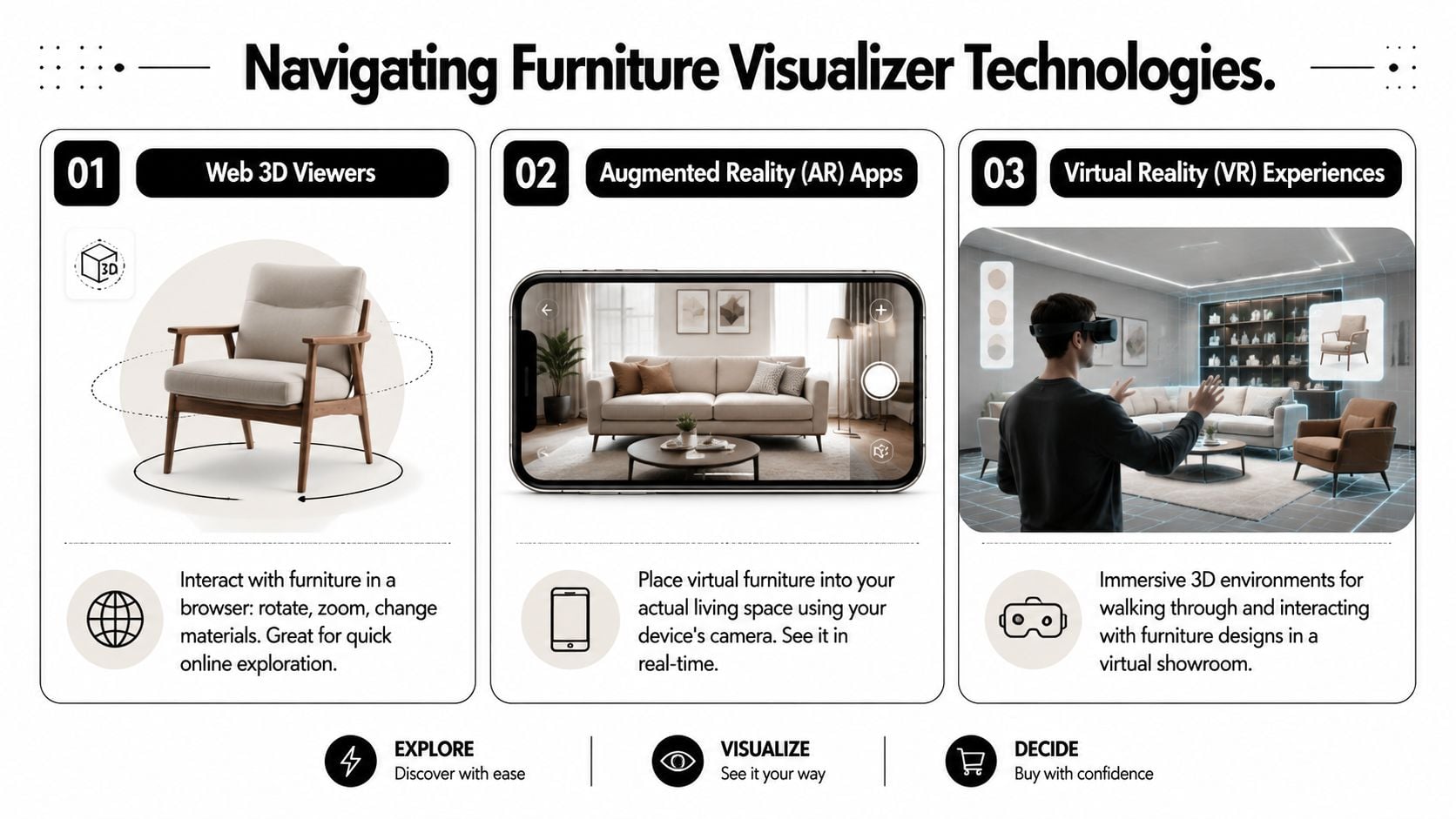 A graphic illustration comparing Web 3D viewers, Augmented Reality apps, and Virtual Reality for furniture visualization.