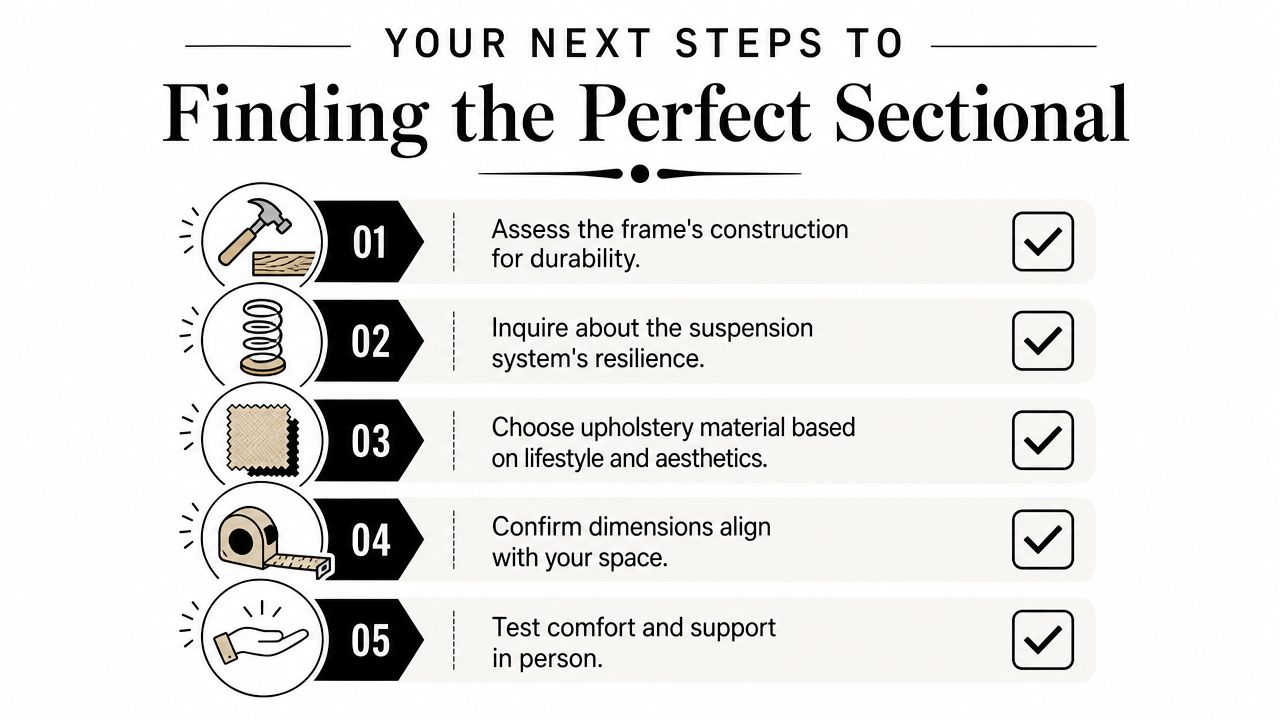 An infographic outlining five essential steps for choosing the perfect sectional sofa for your living space.