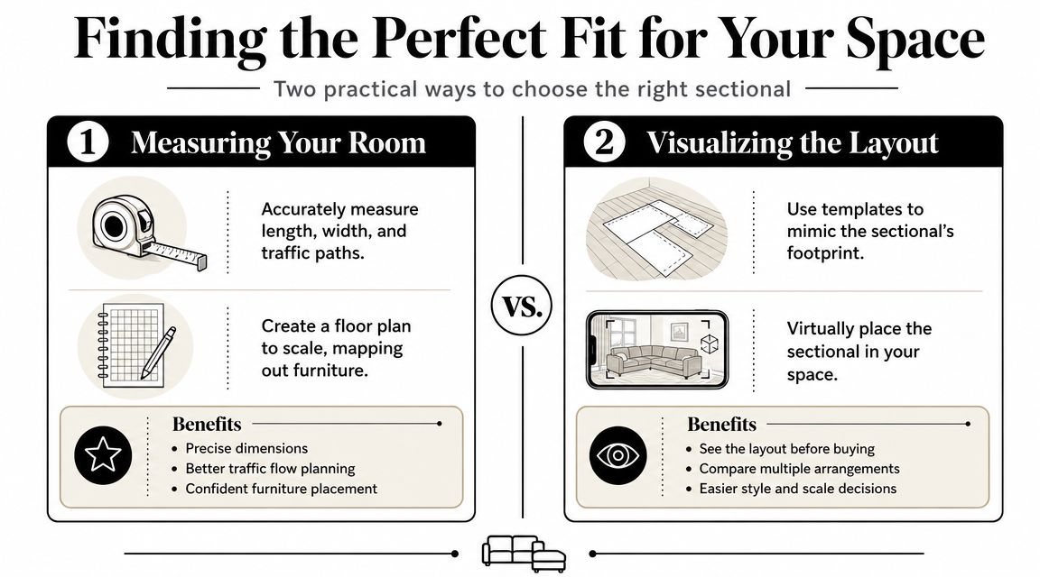 An infographic illustrating two practical methods for choosing the right sectional sofa: measuring the room and visualizing the layout.