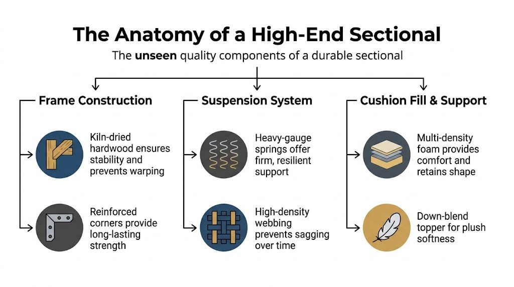 A diagram outlining the structural components of a high-end sectional sofa including frame, suspension, and cushions.