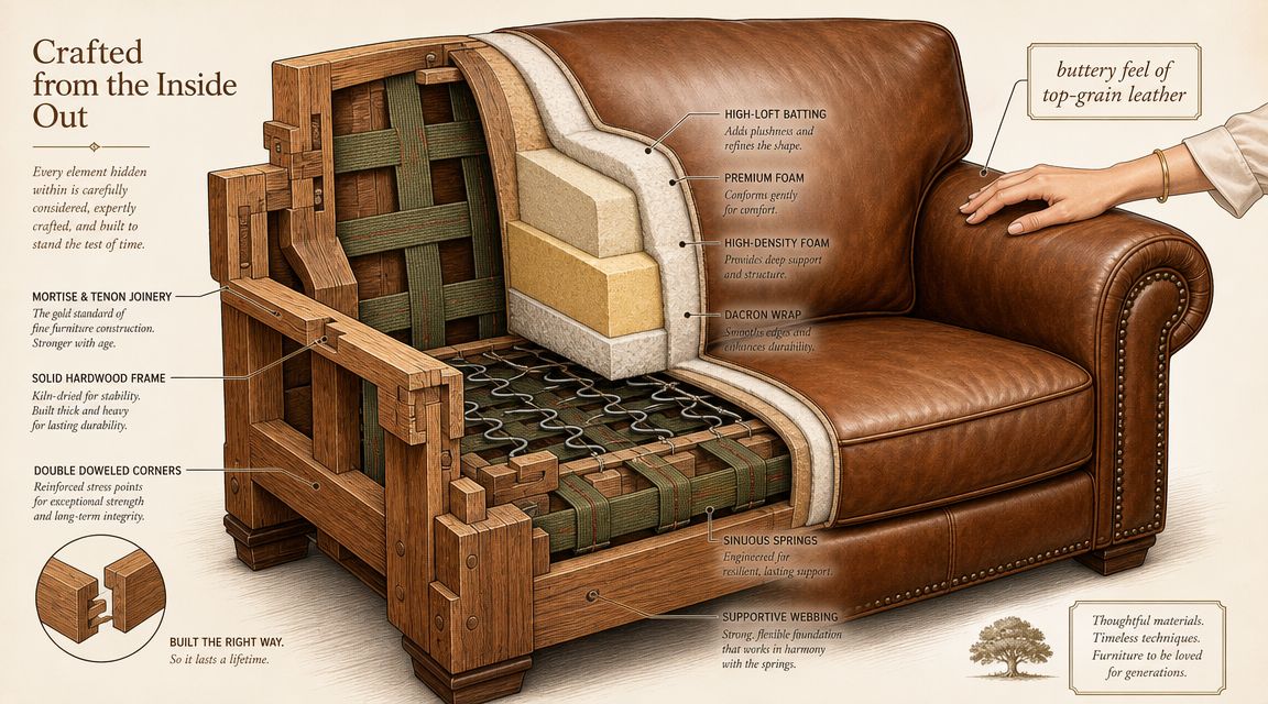 A cutaway diagram showing the premium construction and internal structure of a high-quality leather armchair.