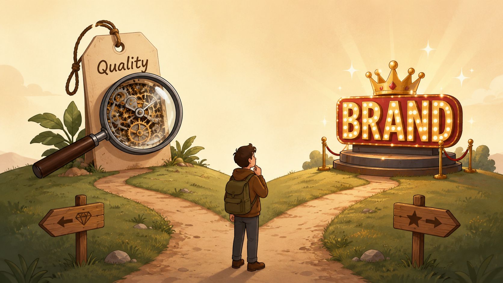 A thoughtful young person stands at a crossroads, choosing between a high-quality product and a famous brand.