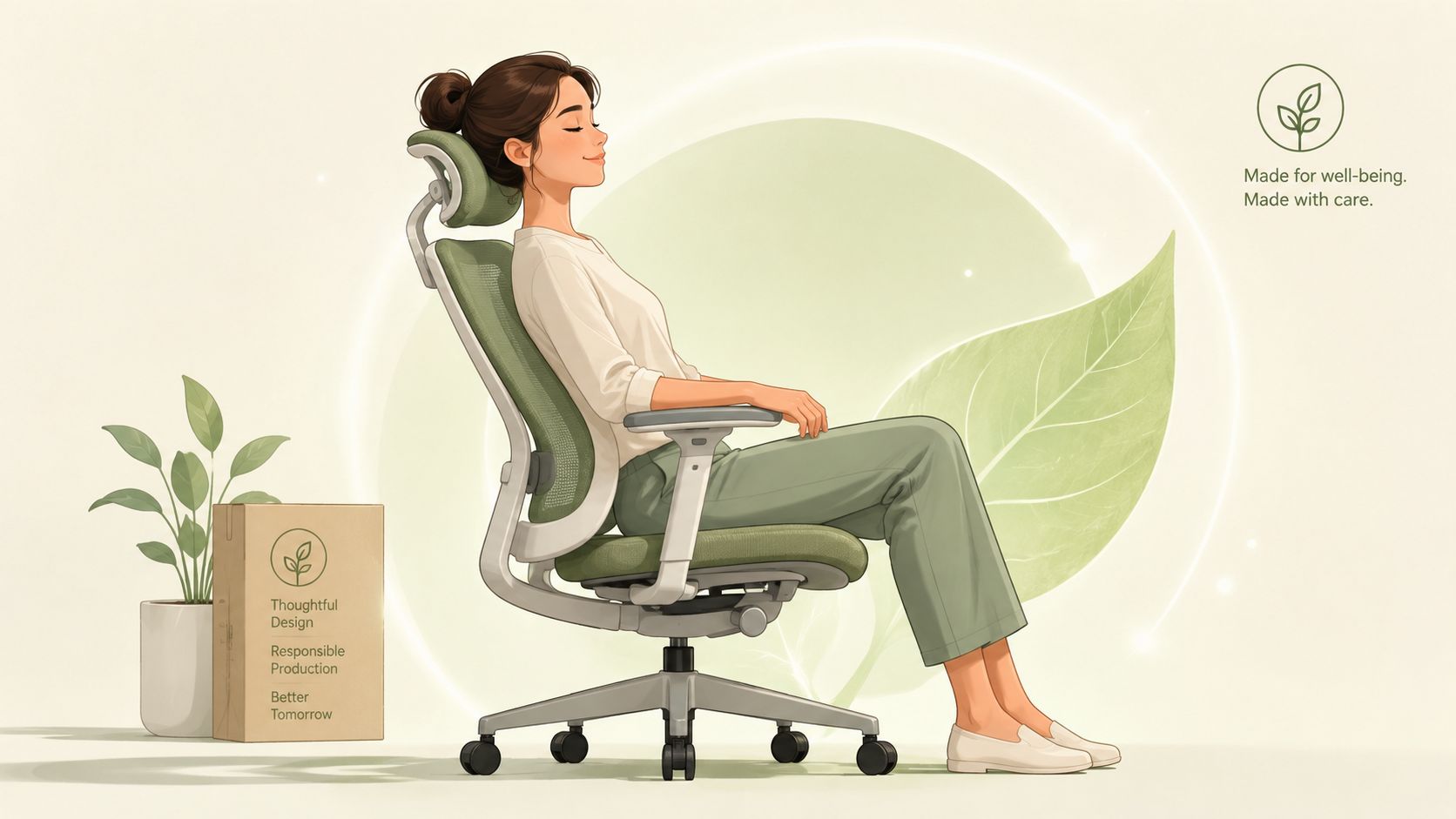 A woman relaxes in an ergonomic green office chair, emphasizing sustainable design and personal well-being.