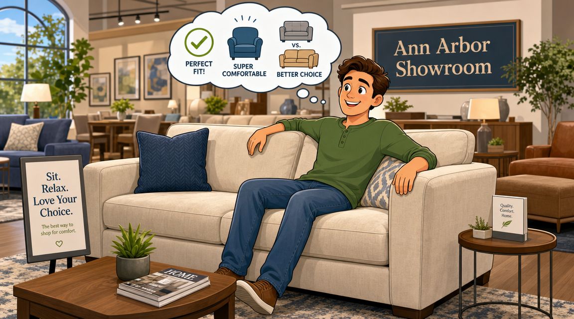 A happy man sits comfortably on a beige couch inside a modern furniture store showroom.