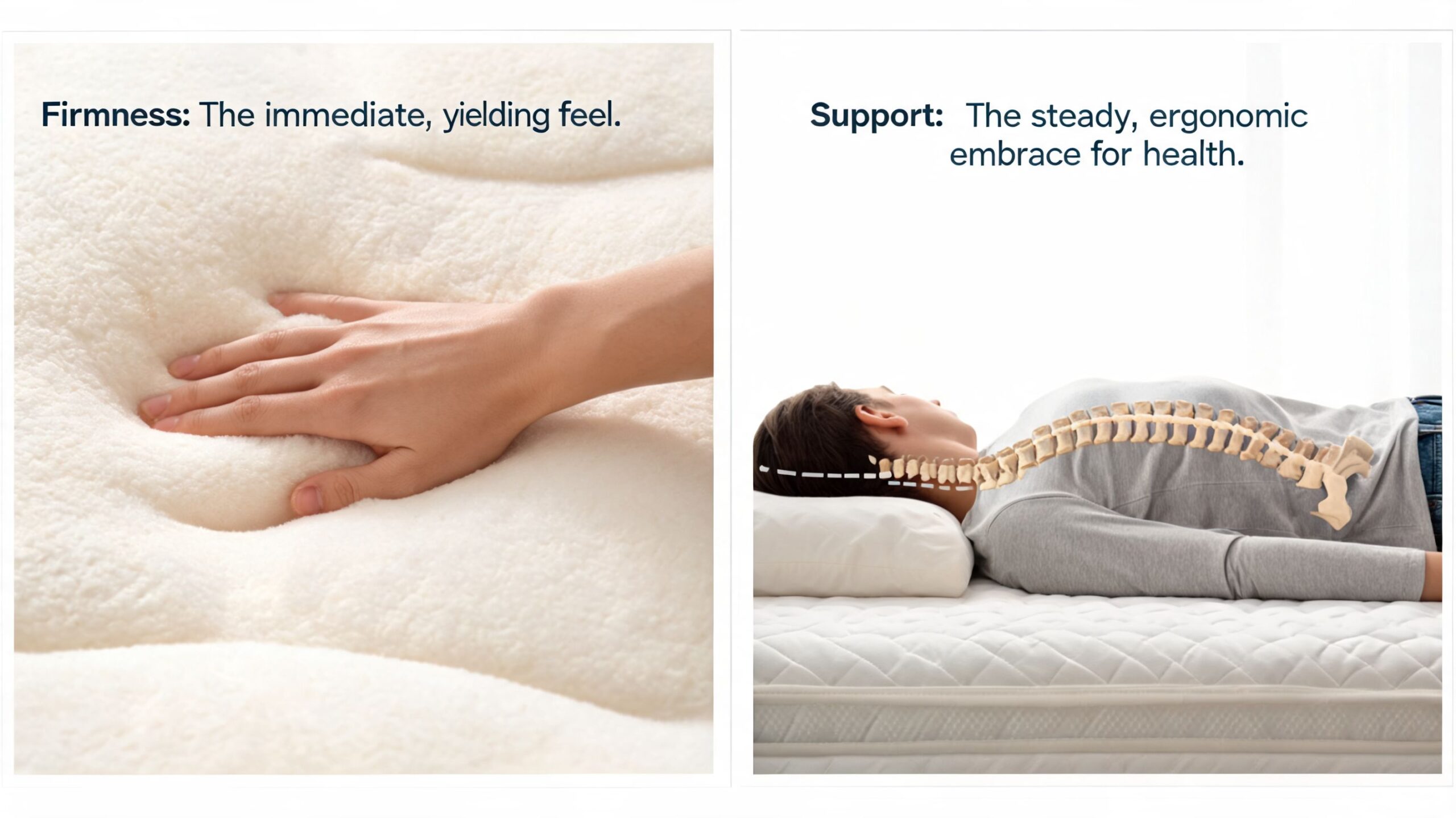 A comparison showing a soft, yielding mattress surface alongside a person sleeping with proper spinal alignment.