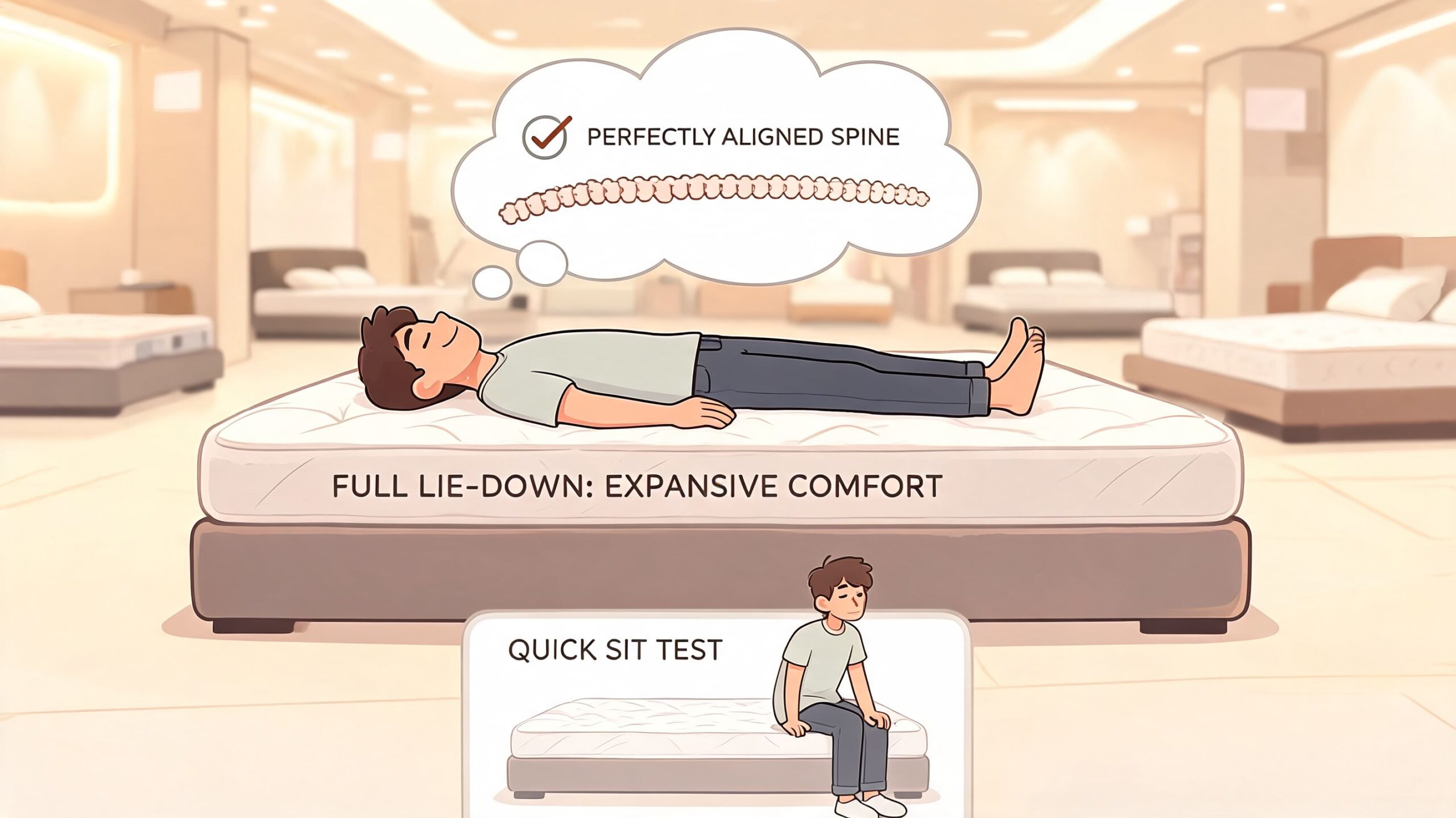 A person lying on a mattress and sitting on a bed to test mattress firmness.