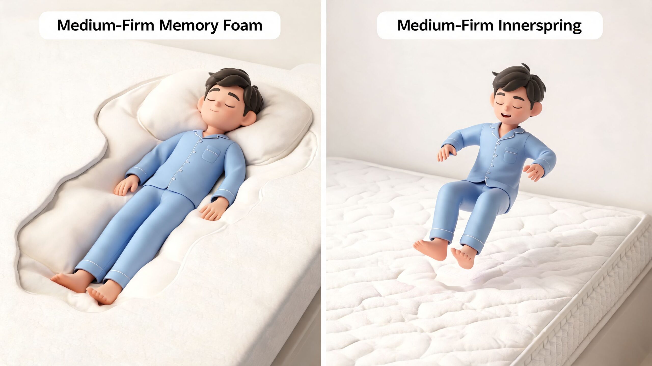 A split image showing a cartoon person sleeping in memory foam versus bouncing on an innerspring mattress.