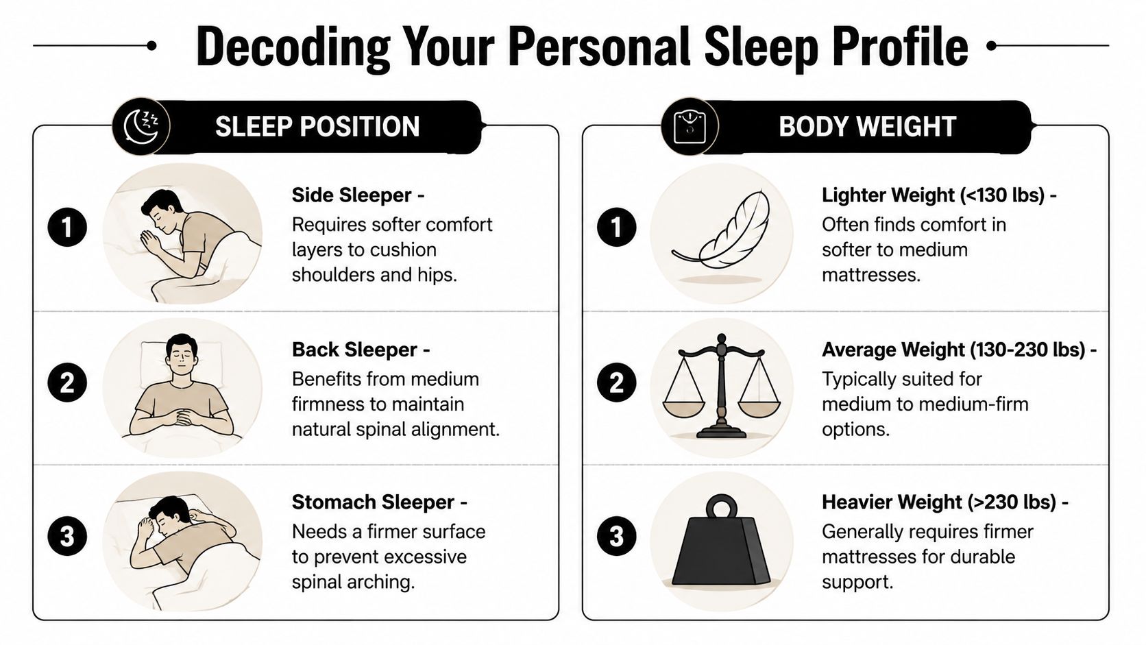 A chart illustrating how sleep position and body weight influence the ideal mattress firmness for personal comfort.