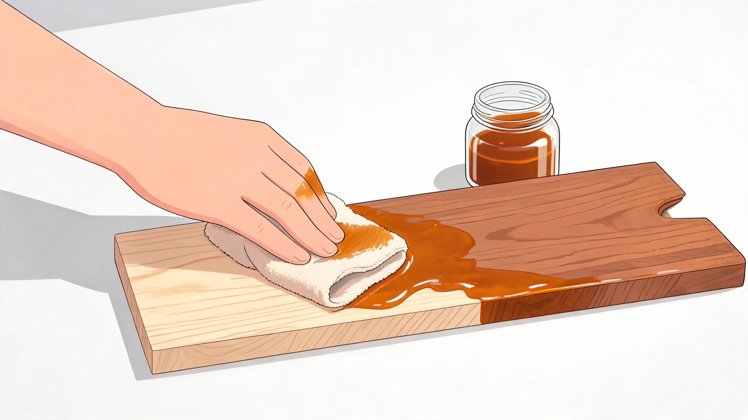 A hand using a cloth to apply wood stain to a piece of wood for a matching project.