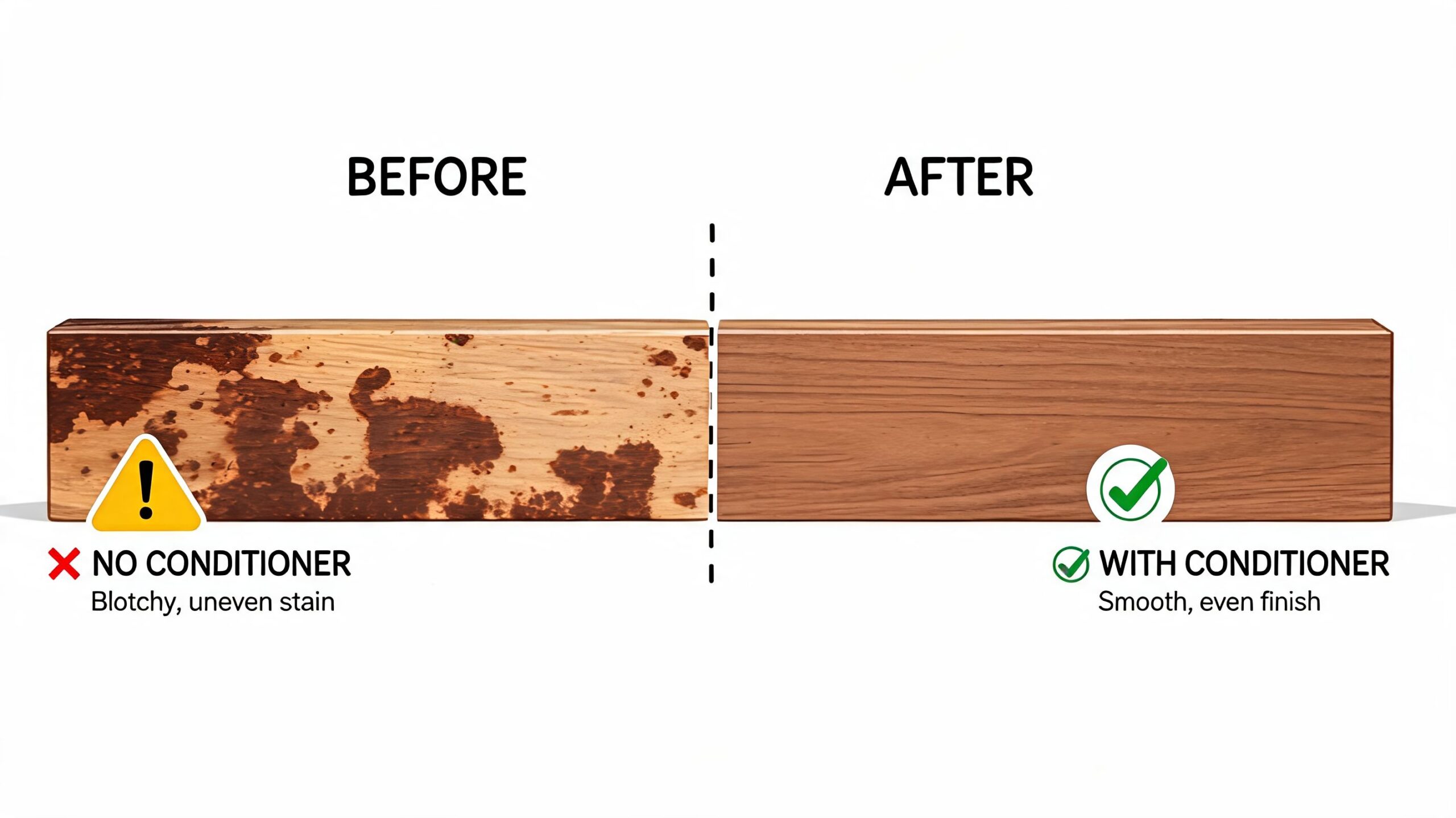 A comparison of wood surface finishing showing blotchy staining without conditioner versus an even finish with conditioner.
