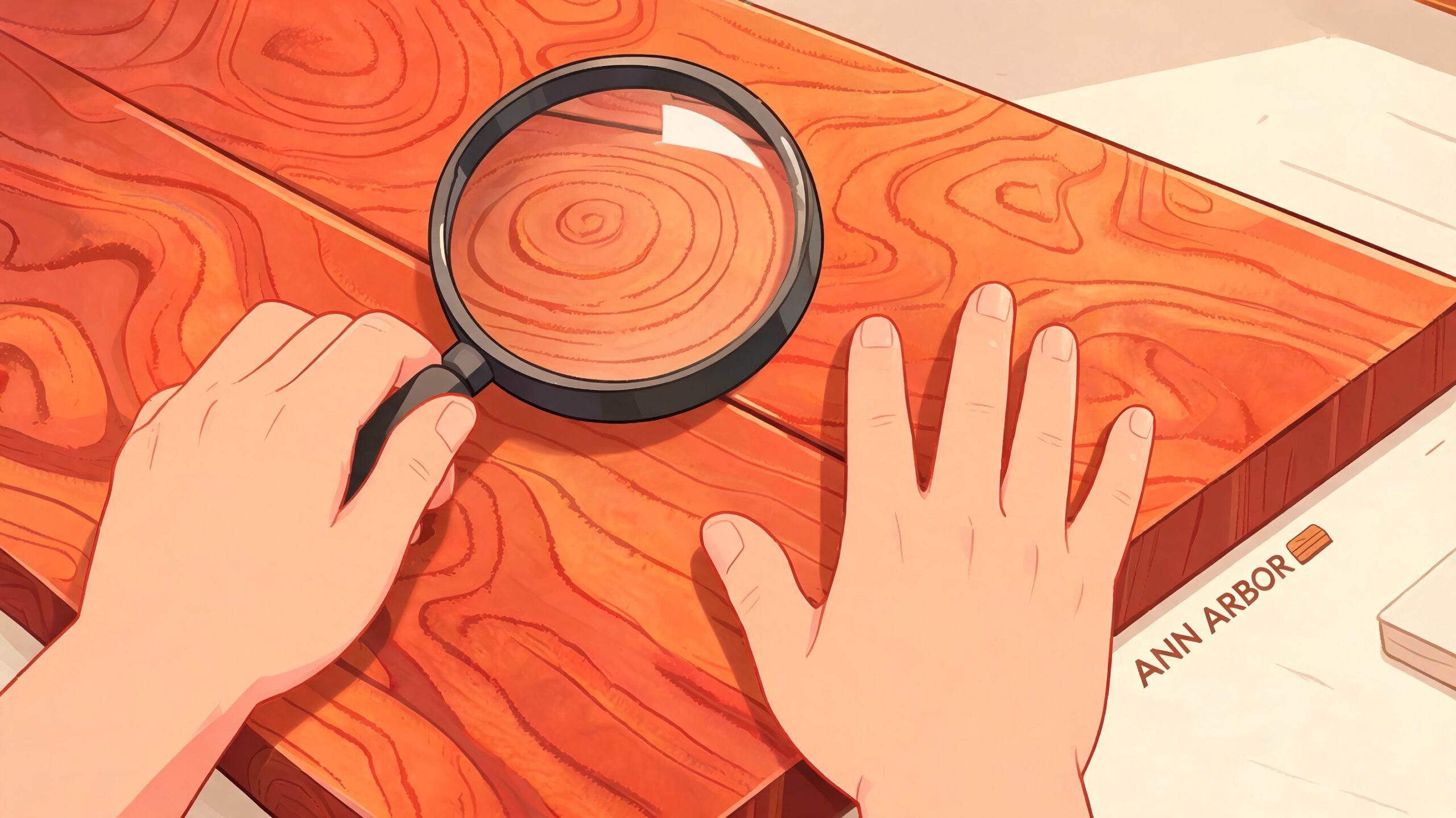 A person using a magnifying glass to inspect wood grain patterns on a wooden board.