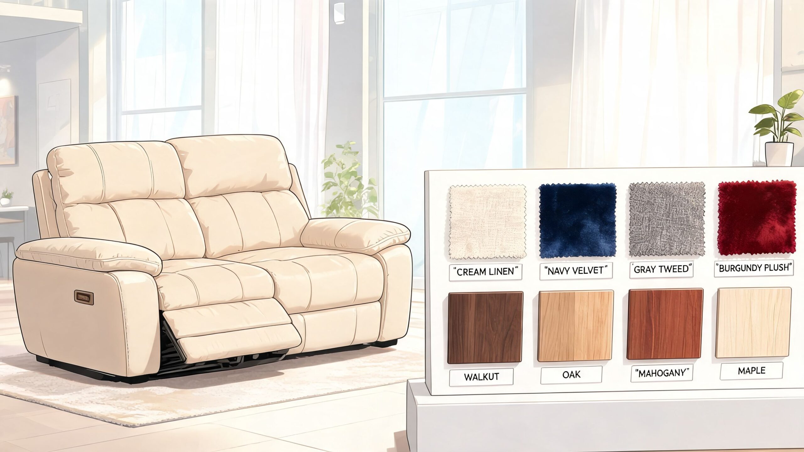 A luxurious cream-colored leather recliner sofa displayed next to a variety of fabric and wood finish samples.