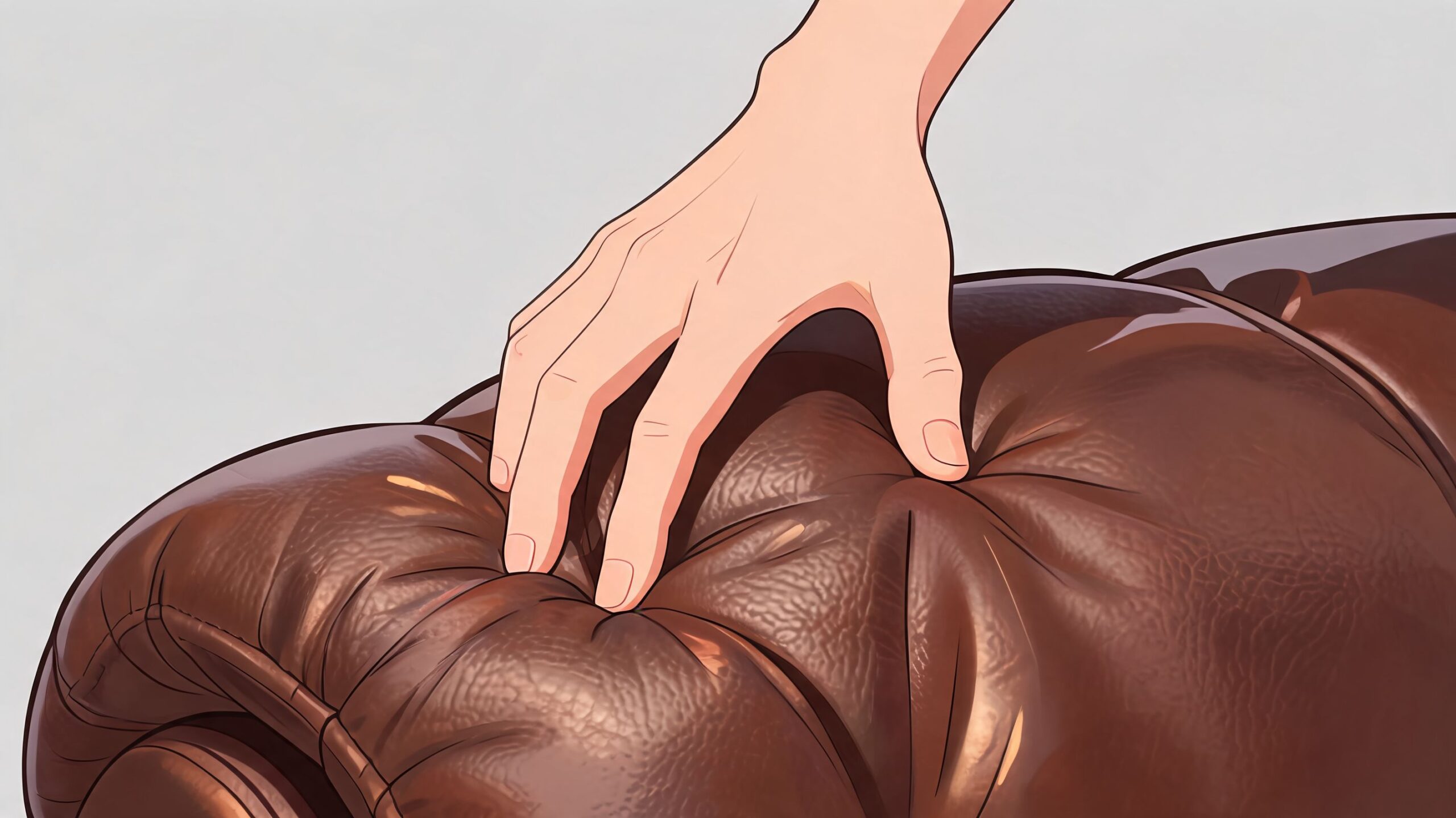 A close-up view of a hand pressing gently onto the soft, textured surface of a luxury leather couch.