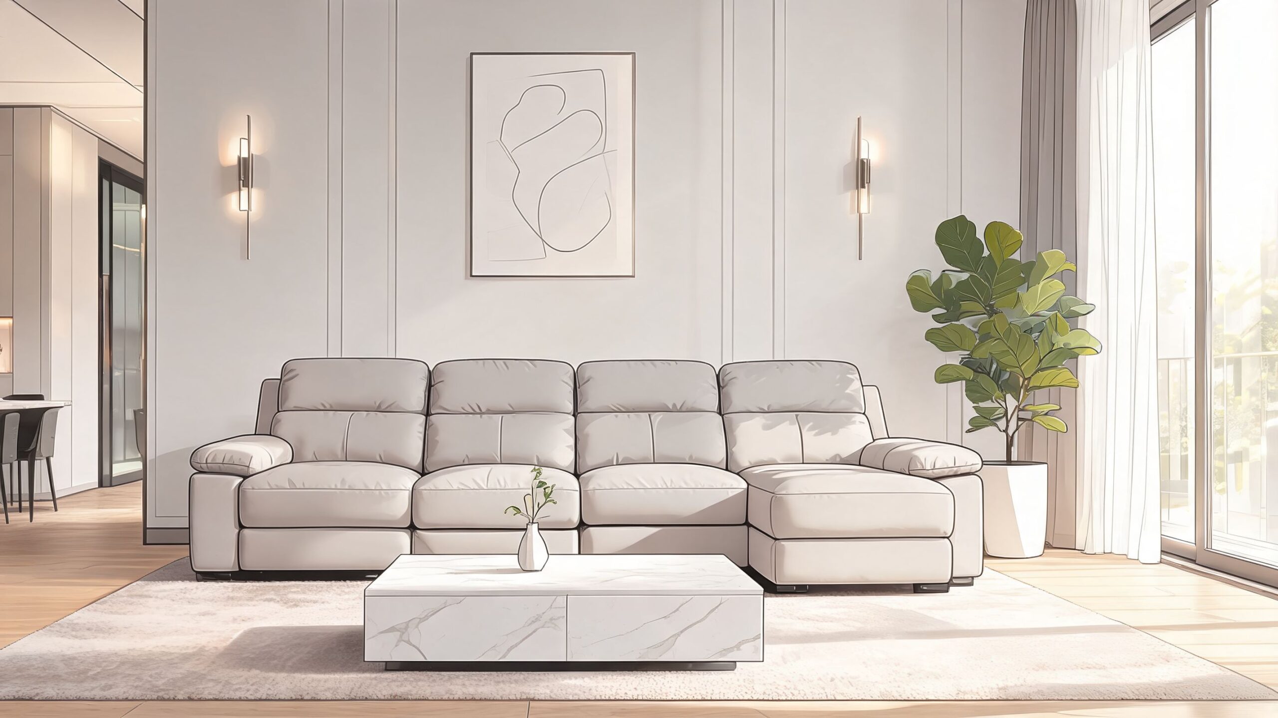 A modern luxury recliner sofa placed in a bright, minimalist living room with a marble coffee table.