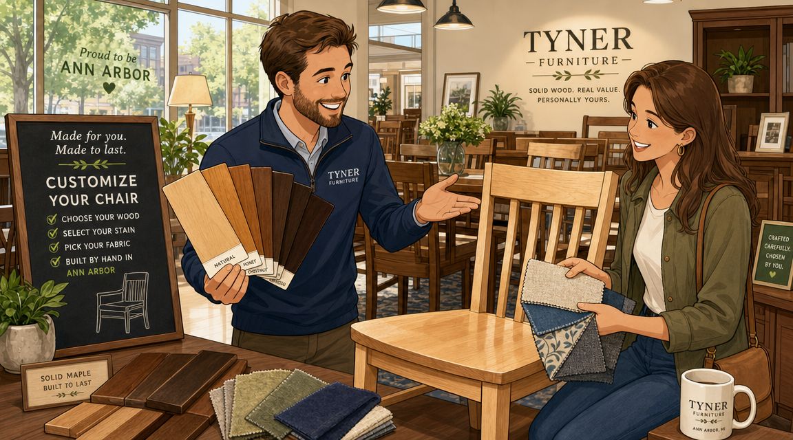 A friendly furniture store employee helps a customer choose wood stains and fabrics for custom dining chairs.