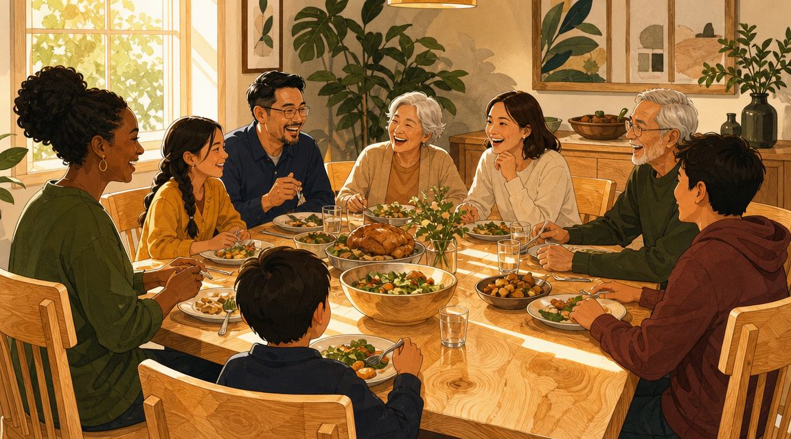 A multi-generational family happily eating a delicious dinner together around a large maple wood dining table.