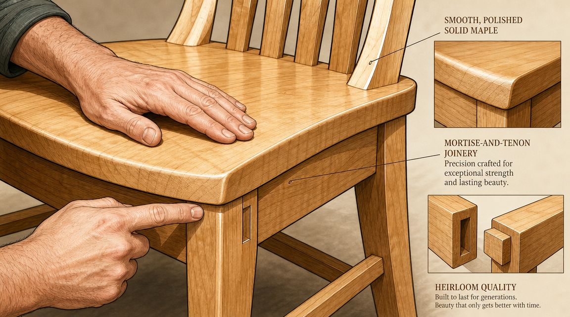 A close-up view of hands touching a smooth, polished maple wood dining chair showing mortise-and-tenon construction details.
