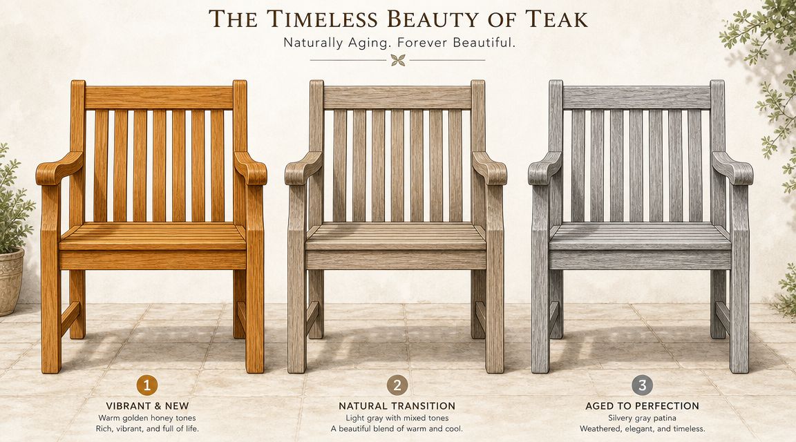 A diagram illustrating the three stages of natural teak wood aging from golden honey to silvery gray.