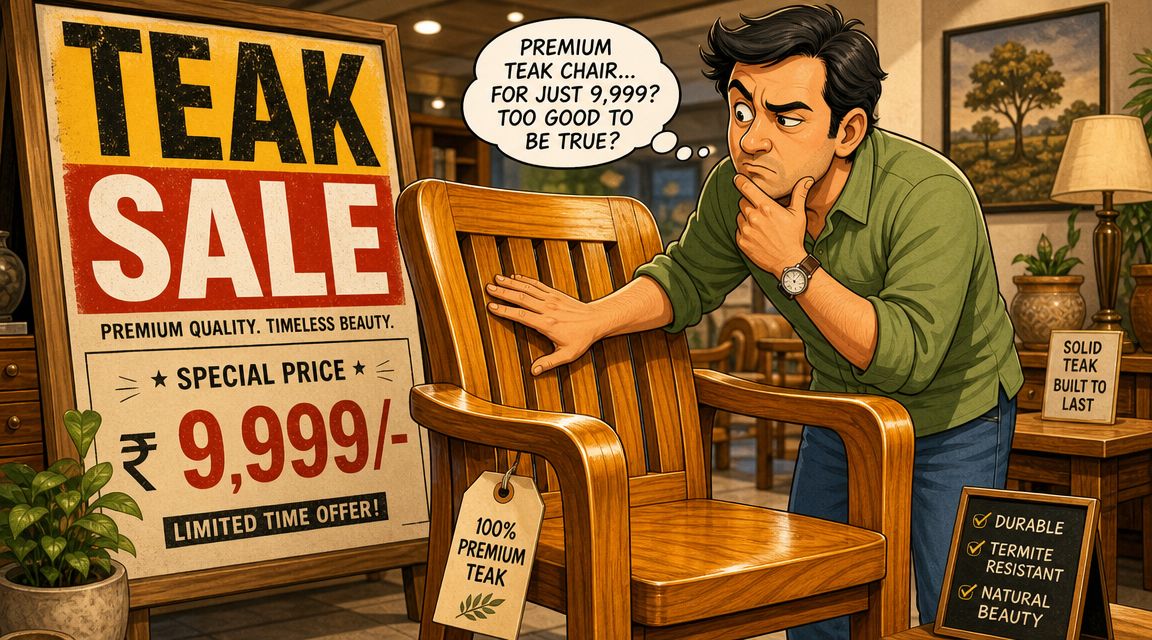 A man skeptically examines a wooden teak chair while looking at a sale sign for 9,999 rupees.