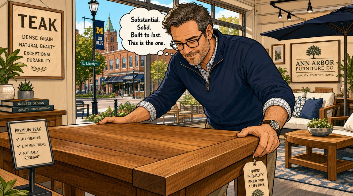 A man inspecting a high-quality teak wood table in a furniture store with a city view.