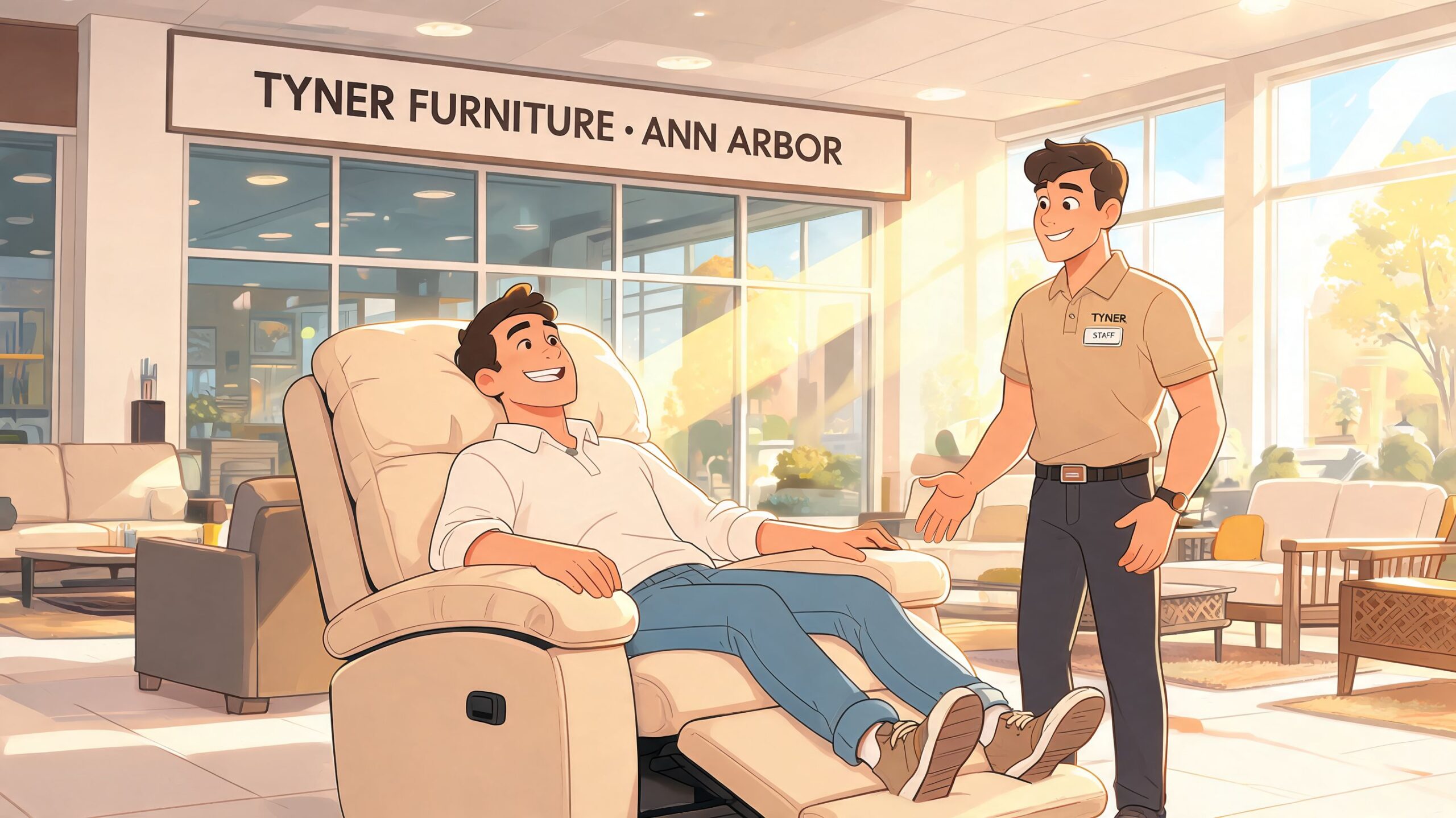 A happy customer sits in a comfortable recliner at Tyner Furniture in Ann Arbor with a helpful staff member.
