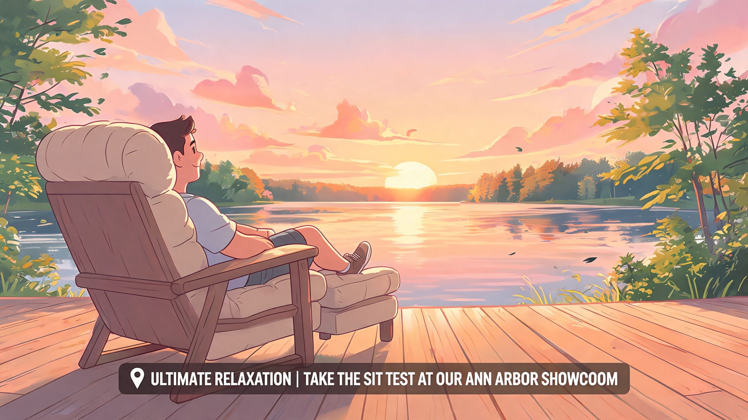 A person sitting in a comfortable outdoor recliner on a wooden deck enjoying a peaceful lake sunset.